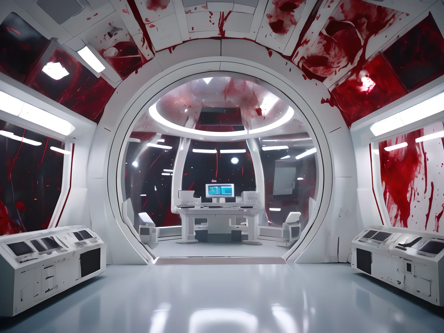 arafed room with blood and blood spattered on the floor, in a space horror setting, hyper - realistic vfx render, hyper realistic vfx simulation, hyperrealistic vfx render, interior of a star destroyer, scorn game, scifi horror setting, hyperrealistic vfx simulation, highly detailed vfx scene, detailed spaceship interior, space horror, surreal sci fi set design