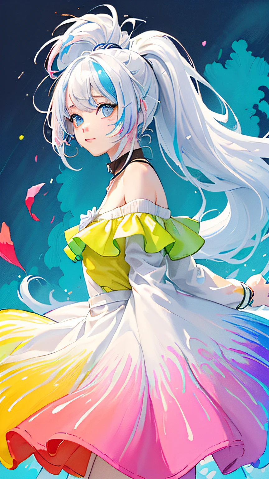 （Pink Fashion T-shirt：1.9），(Colorful hair: 1.8), (all the colours of the rainbow: 1.8),(((((vertical painting：1.6))), （painting：1.6），front, comics, illustrations, paintings, large eyes, crystal clear eyes,（ rainbow color gradient high ponytail：1.7）, exquisite makeup, closed mouth,(Small Fresh: 1.5),(Wipe Chest: 1.6) ，long eyelashes, white off shoulder T-shirt,  White Shoulder Shirt，looking at the audience, large watery eyes, (rainbow colored hair：1.6), color splash, （solo：1.8）, color splash, color explosion, thick paint style, messy lines, ((shining))，(colorful), (colorful), (colorful), colorful, Thick Paint Style, (Splash) (Color Splash), Vertical Painting, Upper Body, Paint Splash, Acrylic Pigment, Gradient, Paint, Highest Image Quality, Highest Quality, Masterpiece, Solo, Depth of Field, Face Paint,  colorful clothes, (Elegant: 1.2), gorgeous,long hair, wind, (Elegant: 1.3), (Petals: 1.4)，(((masterpiece))),(((best quality))),((ultra-detailed)),(illustration),(dynamic angle),((floating)),(paint),((disheveled hair)),(solo),(1girl) , (((detailed anima face))),((beautiful detailed face)),collar,bare shoulders,white hair, ((colorful hair)),((streaked hair)),beautiful detailed eyes,(Gradient color eyes),(((colorful eyes))),(((colorful background))),(((high saturation))),(((surrounded by colorful splashes))),