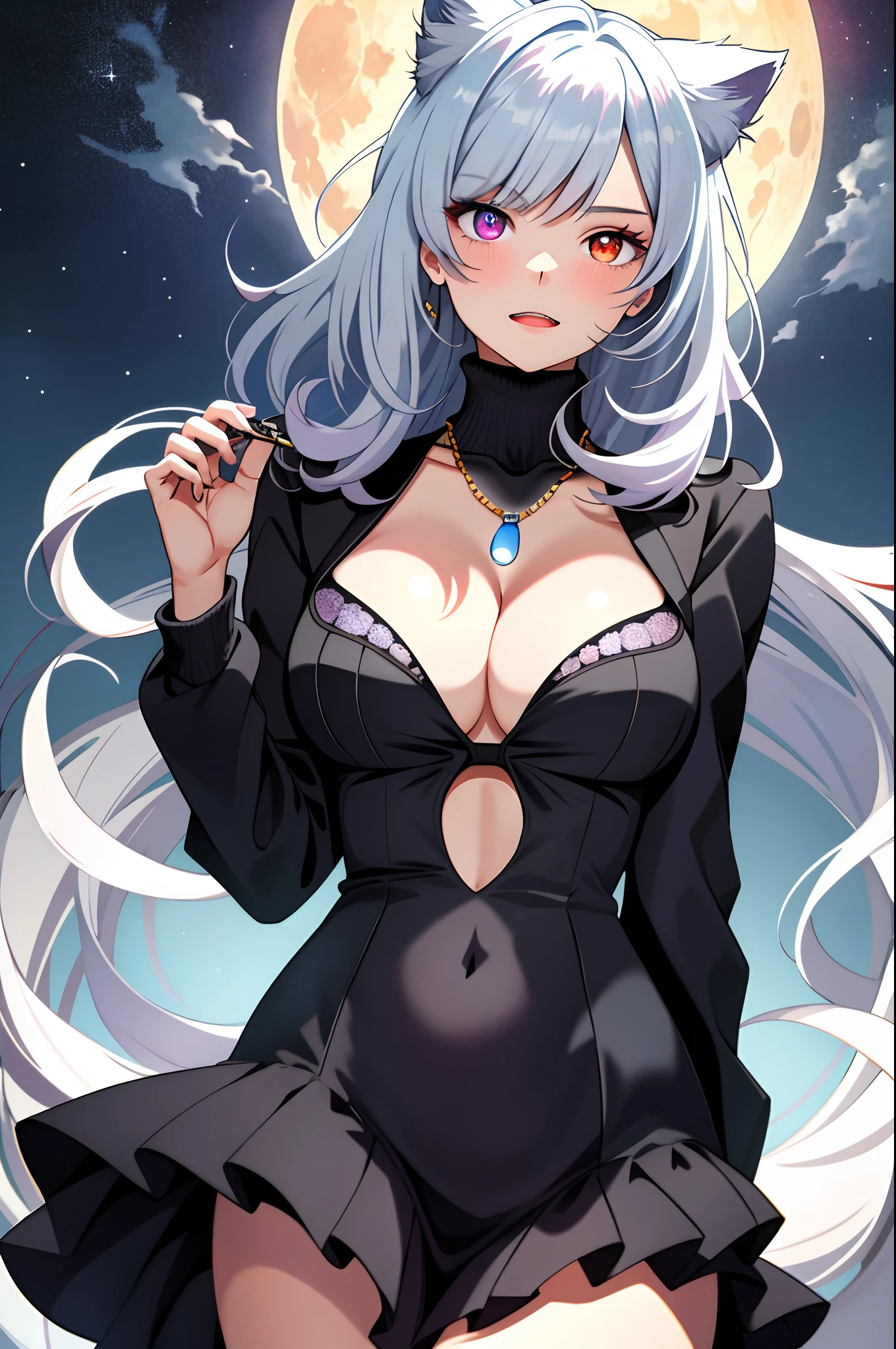 top-quality、Top image quality、​masterpiece、best qualtiy，ultra - detailed，illustratio，（1girl in），beautiful and delicate eyes，looking at viewert，closeup cleavage，（breasts focus），of short gray hair,，is shy，Cat ears，（（Shining blue necklace）），moon background，（Blue-red eye），Thick lip，（（Heterochromia）），smallunderboob，（highneck sweater），Fangs Exposed，Evil expressions