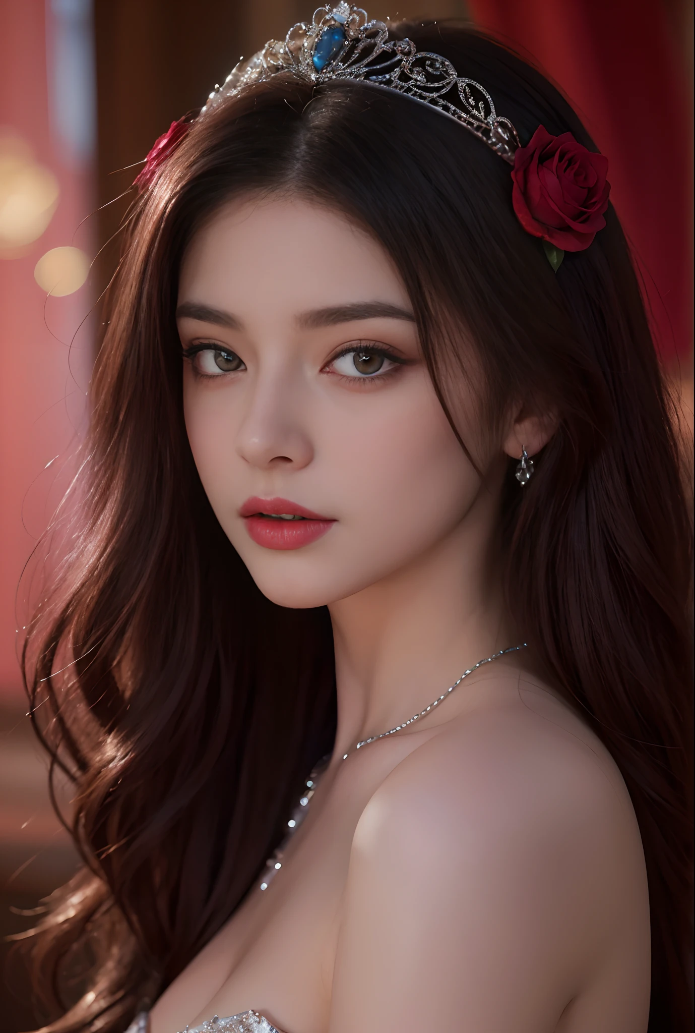 High-quality work，Realistic works，Super premium graphics，8K HD CG works，high quality graphics，High-definition and exquisite CG works，10x pixels，Ultra-fine details：1.1，Advanced technical details：1.1Realistic photo effects，Interior lighting effects：1.5，natural soft light：1.5. Light effect（Virtual light effects：1.8），Ultra-high resolution，shining dress，sliver long hair，silber hair，transparenthair，high detailed hair（Quality hair details：1.1）Clear eyes，Double eyelids look good，Sharp eye makeup, Create exquisite eyelash makeup, tthin eyebrows, Ultra-detailed eyes，a tall nose, lovely red lips, rosey cheeks, With delicate makeup on her face , pretty face, The face shape is perfectly proportioned,（Advanced facial details：1.1） (highest quality、8K、best image quality、Award-winning work)、(one young girl, :1.3)、(red eyeshadow:1.2)、perfect makeup、long eyelashes、Super high-definition sparkling eyes、ultra high definition hair、ultra high resolution glossy lips、Super high resolution perfect teeth、Super high resolution cute face、brown hair、(very long straight hair:1.1)、look at me and smile、[clavicle]、accurate anatomy、(black background:1.5)、(((professional lighting:1.5)))、Super high-resolution glossy and moisturized face、Super high resolution glowing skin、most detailed face、Ultra high resolution detailed faces、ultra high resolution hair、Super high resolution sparkling eyes、Beautiful face drawn in every detail、Super high resolution glossy red lips、(((Fashionable necklace 1.5)))、(((full nude 1.5)))、(Photo up to the chest)、hair blowing in the wind、elegant dress、(((Holding a red rose 1.4))) ，Women's artwork，Dress full body video，Reality，Amazing Cleavage，My eyes are very bright today
