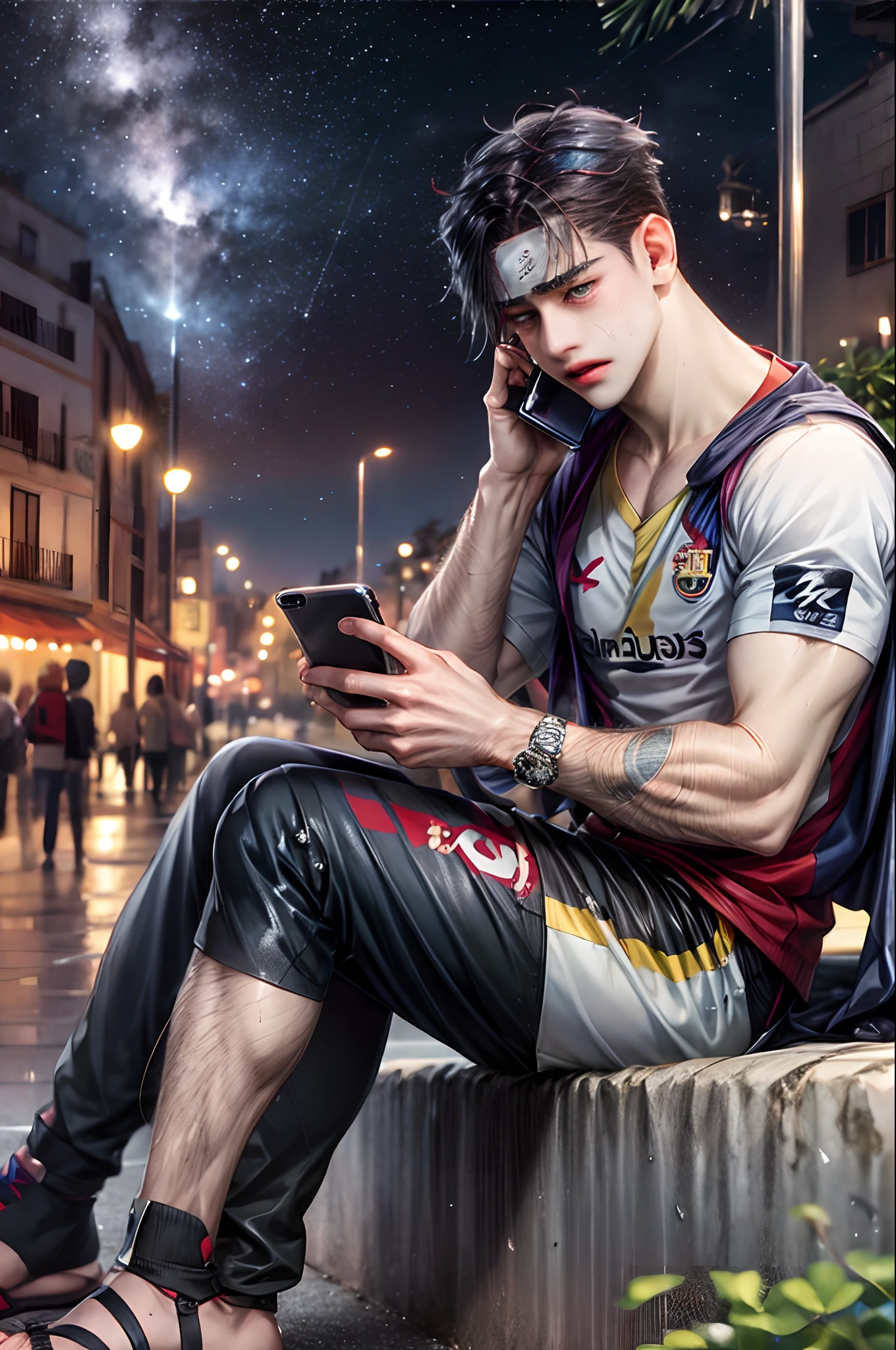 Naruto wearing a Barcelona shirt while crying watching his cell phone