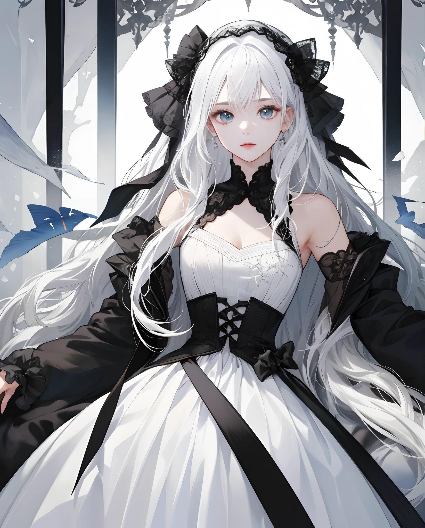 (​masterpiece、top-quality)Best Quality、One girl with long white hair、Dresses based on white and black、White is the main color