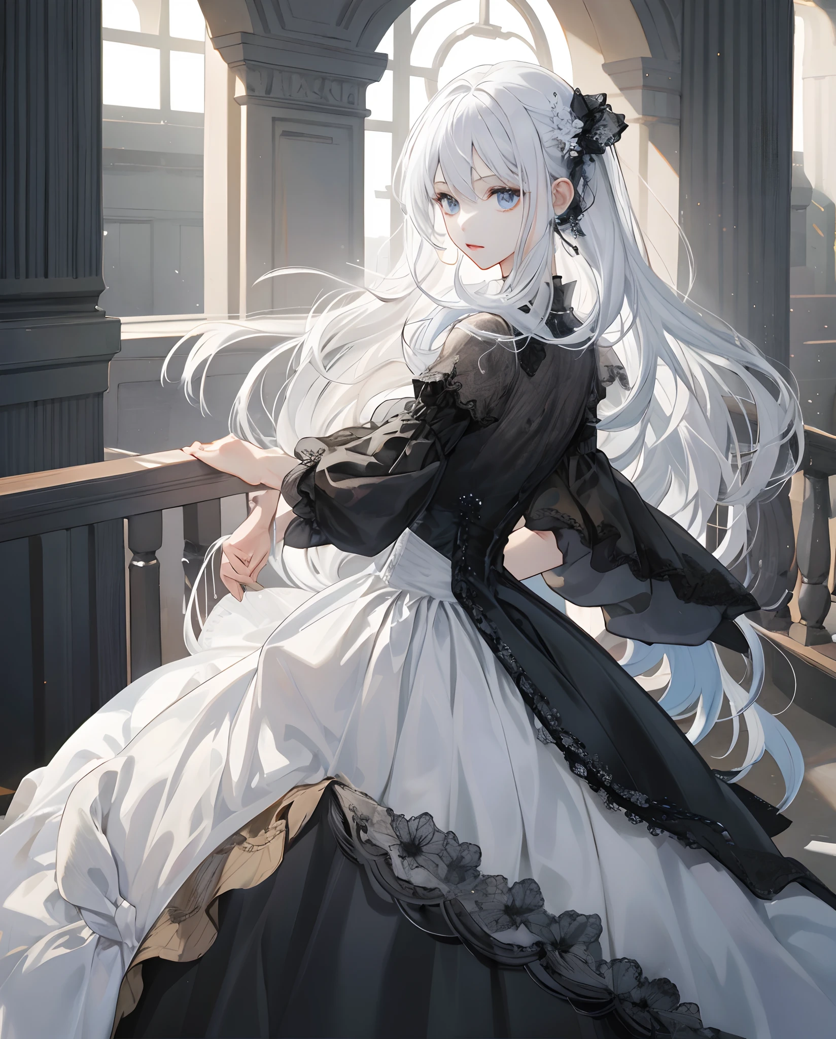 (masterpiece、top-quality)Best Quality、One girl with long white hair、Dresses based on white and black、White is the main color