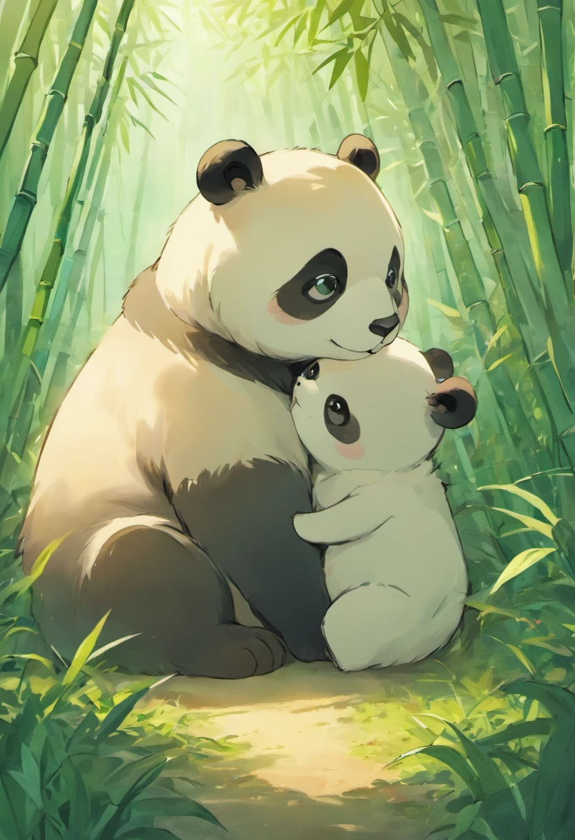A cute fluffy panda cub whispers to a cute rabbit cub in a sunny bamboo clearing, Warm light filters through the foliage. Detailed fur texture, Tranquil natural mood, Gentle lighting. Traditional watercolor style.  --AR 4:5 --s 400 --niji 5