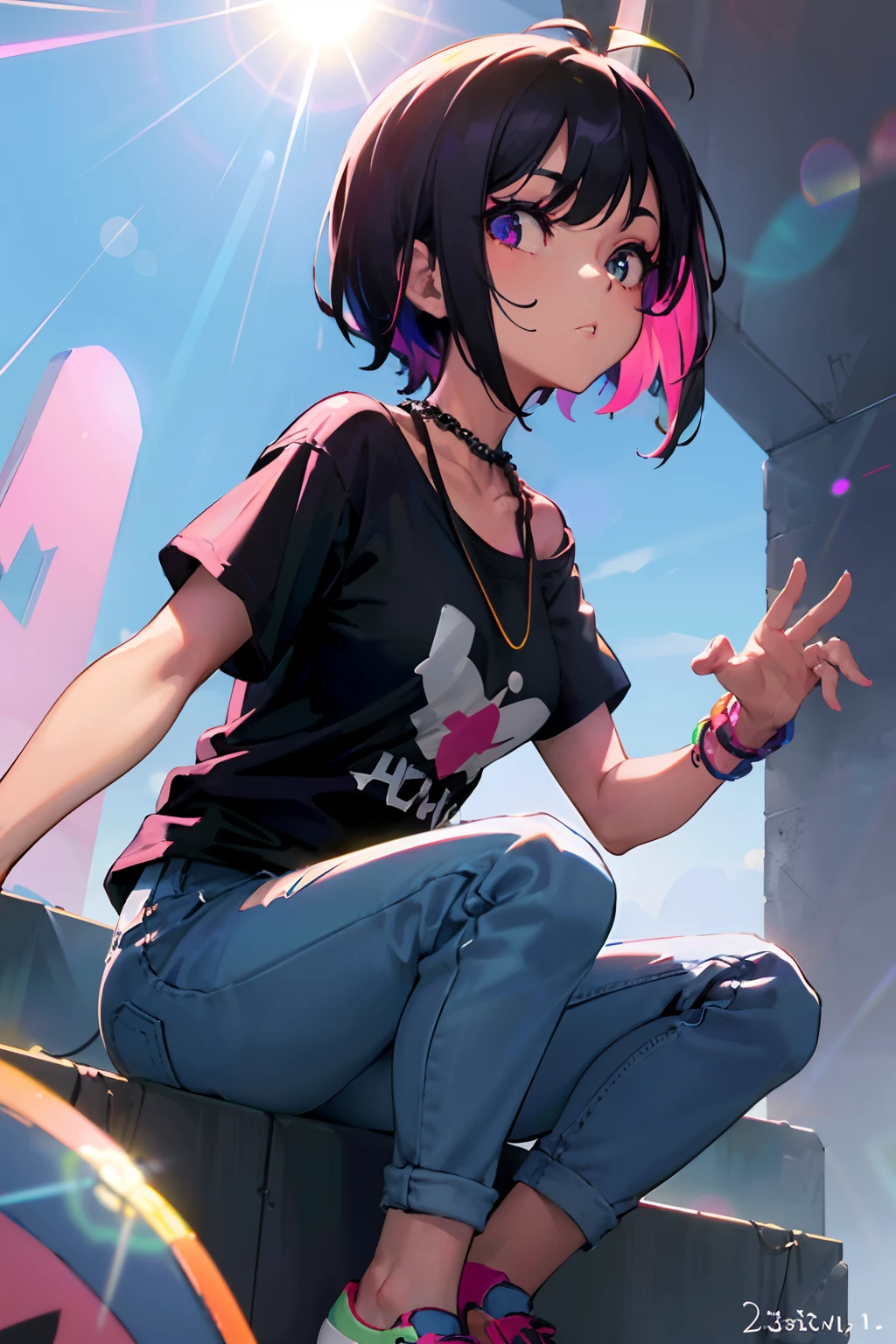 1boy,solo,colorful,yellow eyes,cyberpunk,city,peace sign,earrings,purple hair,eye patche,freckles,prothesis,mechanic,neon,beautiful lighting,purple reflection,cap,smoking,character focus,cg illustration,bust shot,yellow and black outfit,brown hair, tomboy, makeup , full body , long boots , heels, gatner belt, short top, sockings, model pose, open mouth , ahegao , tongue drop, bending , lying on knees on floor, dansing club toilet