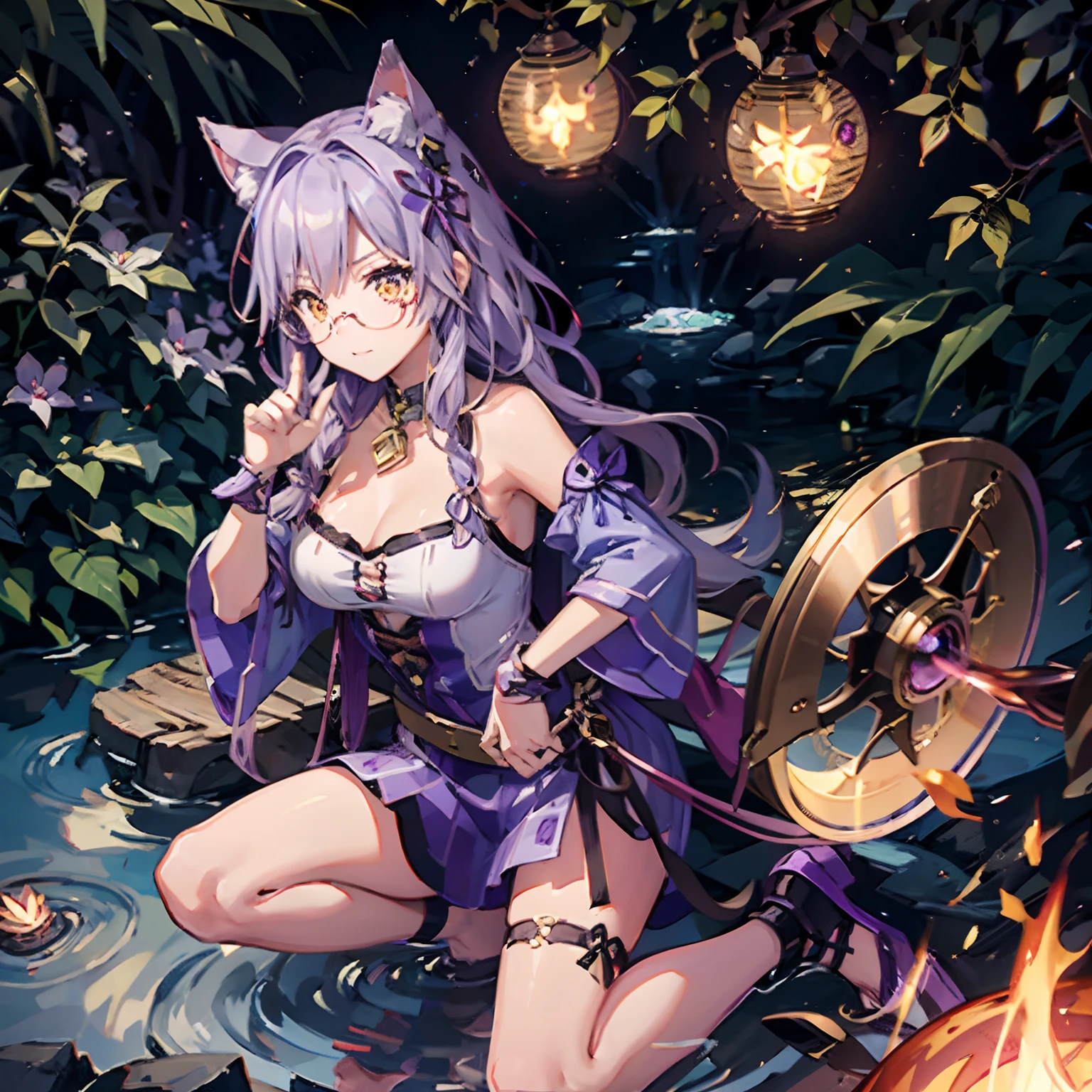 Cheshire Cat、Metallic Chopper、Long、Medium hair、purplehair、Animal ears、Cat Ear Original、1girl in、(独奏)、landscapes、The scene、Red tree、the woods、lake、autumnal、((eye glass))