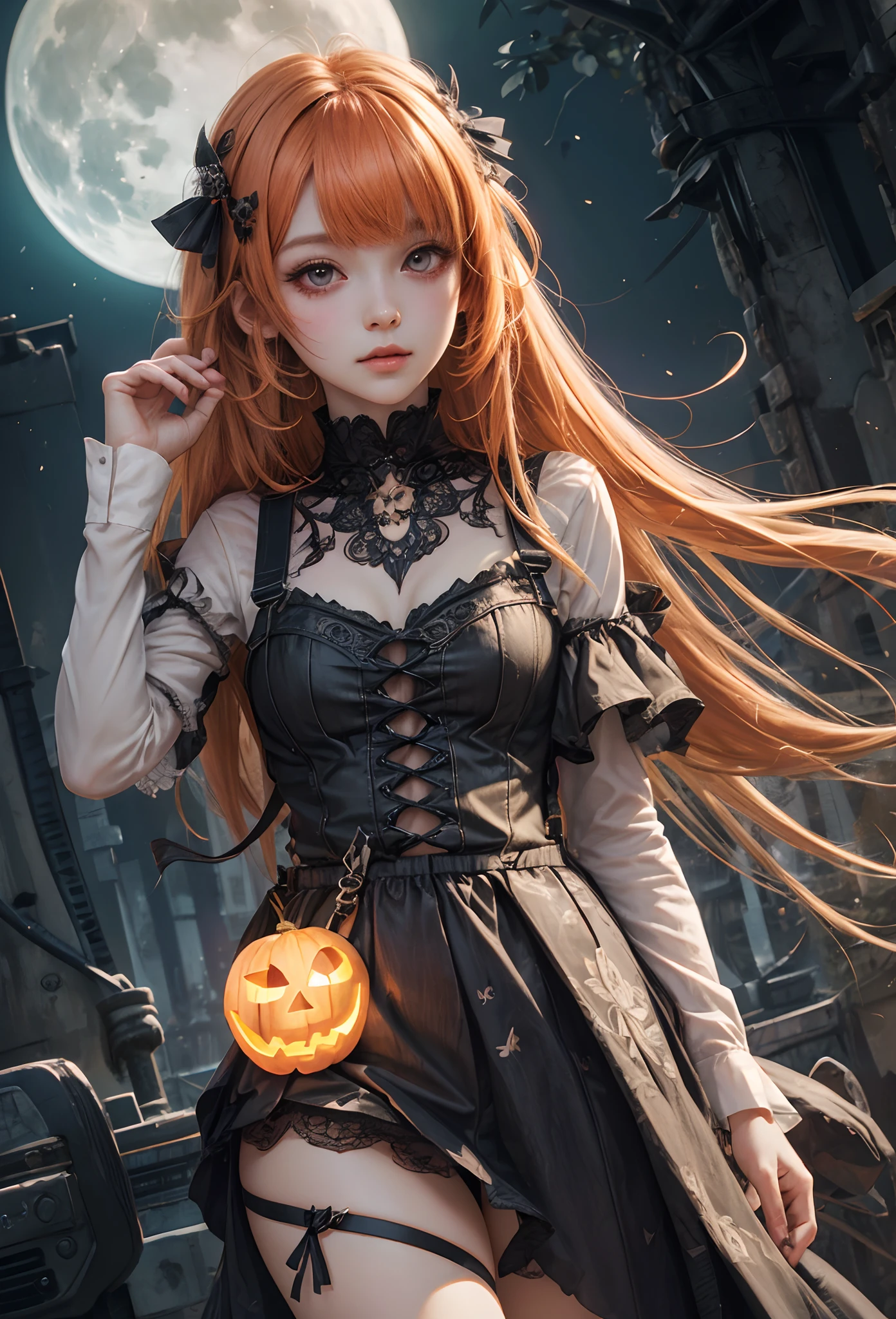 (Detailed illustrations,Very detailed and detailed drawing,Delicate lines with slow and rapid,Realistic texture expression),[Color tressed main line],[[Skull Moon] Midnight Graveyard [[ghosting]]],[HENTAI] kawaii ((anime) Girl (Pretty) 13years [SKINNY [morbid]]) (Light orange hair [Trimmed bangs]) ((magical  girl) pumpkins [Jack Lantern]),([the bats] Head dress) (Torn and holed Cape dress shirt (Ren Hao (frilld) bow ribbon)] (suspenders)[Black culotte skirt] [overknee socks [Stripes]] [lacy fabric:0.8])[[Eyeball Accessories]][[Splicing][seam] [Eye patches, bandages, adhesive plasters]],Transparency [Soft ambient light] gravure [[Halloween]][Colorful],(Intricate and beautiful decoration [Dense detail]),(Fine and beautiful skin expression [Transparency]),[Perfect eye details (Iris beautifully drawn in every detail)[Jewel-like eyes]],[long and beautiful eyelashes],[Meticulously drawn hair [More on beautiful and shiny hair]],(Perfect hand details [Beautiful fingers without breakdowns [Beautiful nails]]),(Perfect Anatomy (Perfectly proportioned)) [[Full body like]],[Ideal color coordination(Accurate simulation of light-material interactions)],(HighQuality,[Precision Detail] hight resolution,(detaileds,high-detail)),[[Pale and gentle colors]][Visual art that conveys a sense of narrative] [[Eros in the Natural Body]].
