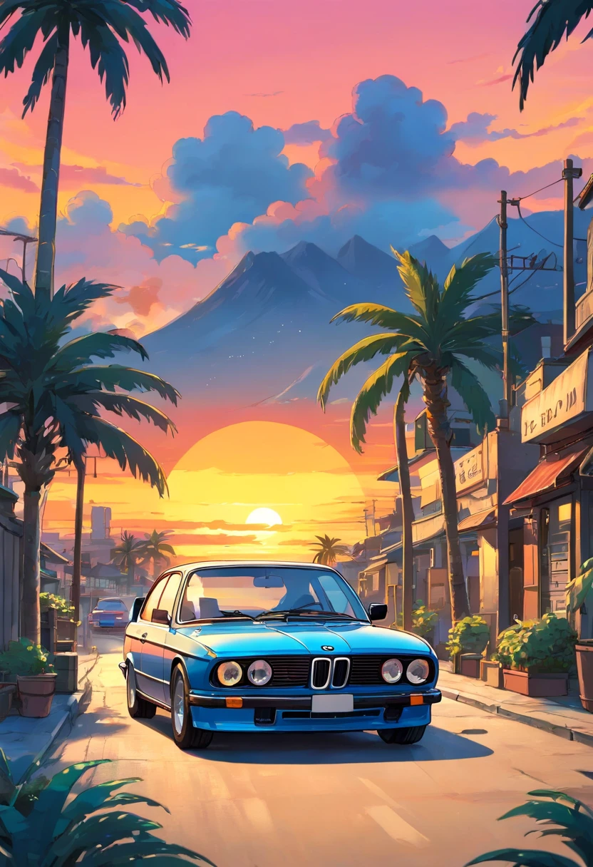 ((Sticker Design)), Classic BMW Cars, Sunset background, Palm trees, Five Colors, Corner Street, Beleq Drums, Freight, Cars in black, License plate number 9560
