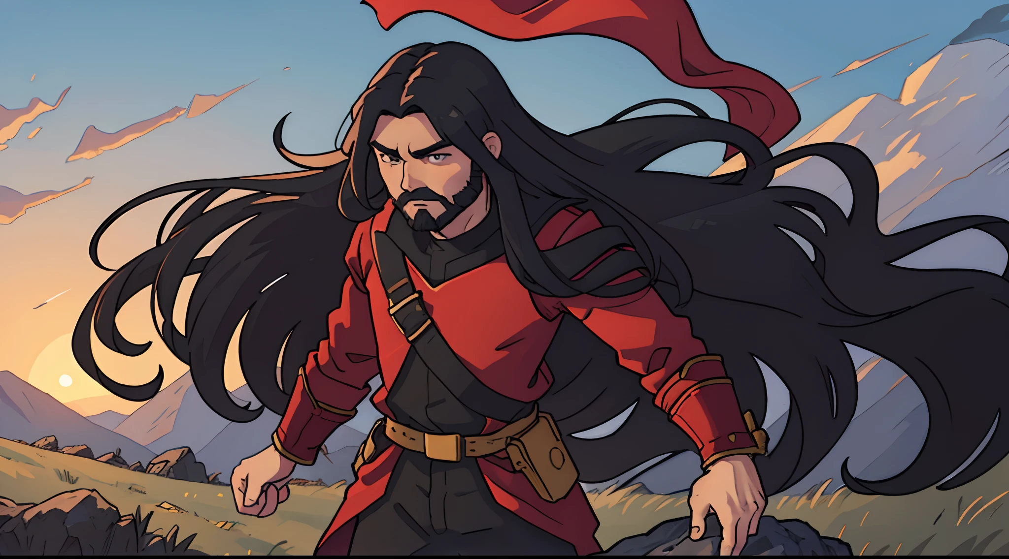 Man with long black flowing hair and a short black beard wearing red armor standing atop a hill