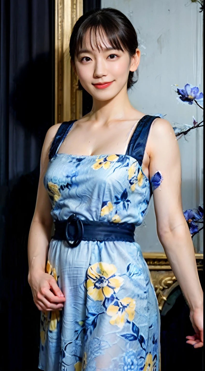 78
(20-year-old princess,is standing), (A hyper-realistic), (masutepiece), ((short-hair:1.46)), (Smooth black hair), (Breast:1.0), (kindly smile:0.9), (Blue and Yellow Floral Dress:1.46), Majestic Palace, Orange Lipstick