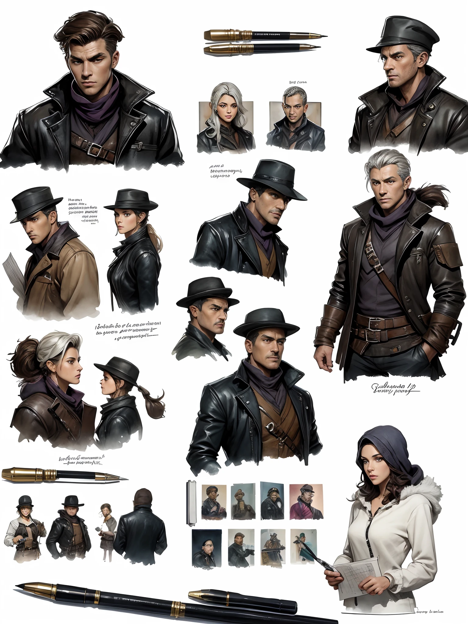 concept art, Character Sheet, Character turnarounds, male and female, young and old, poor and rich burglars, thieves, robbers, criminals, watercolor, charcoal pen & Ink, white background, stories in a detective's notebook