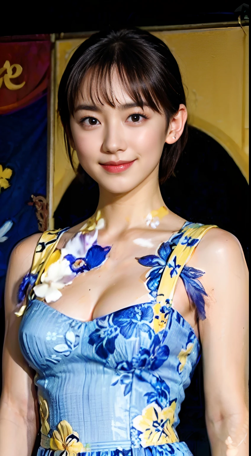 78
(20-year-old princess,is standing), (A hyper-realistic), (masutepiece), ((short-hair:1.46)), (Smooth black hair), (Breast:1.0), (kindly smile:0.9), (Blue and Yellow Floral Dress:1.46), Majestic Palace, Orange Lipstick