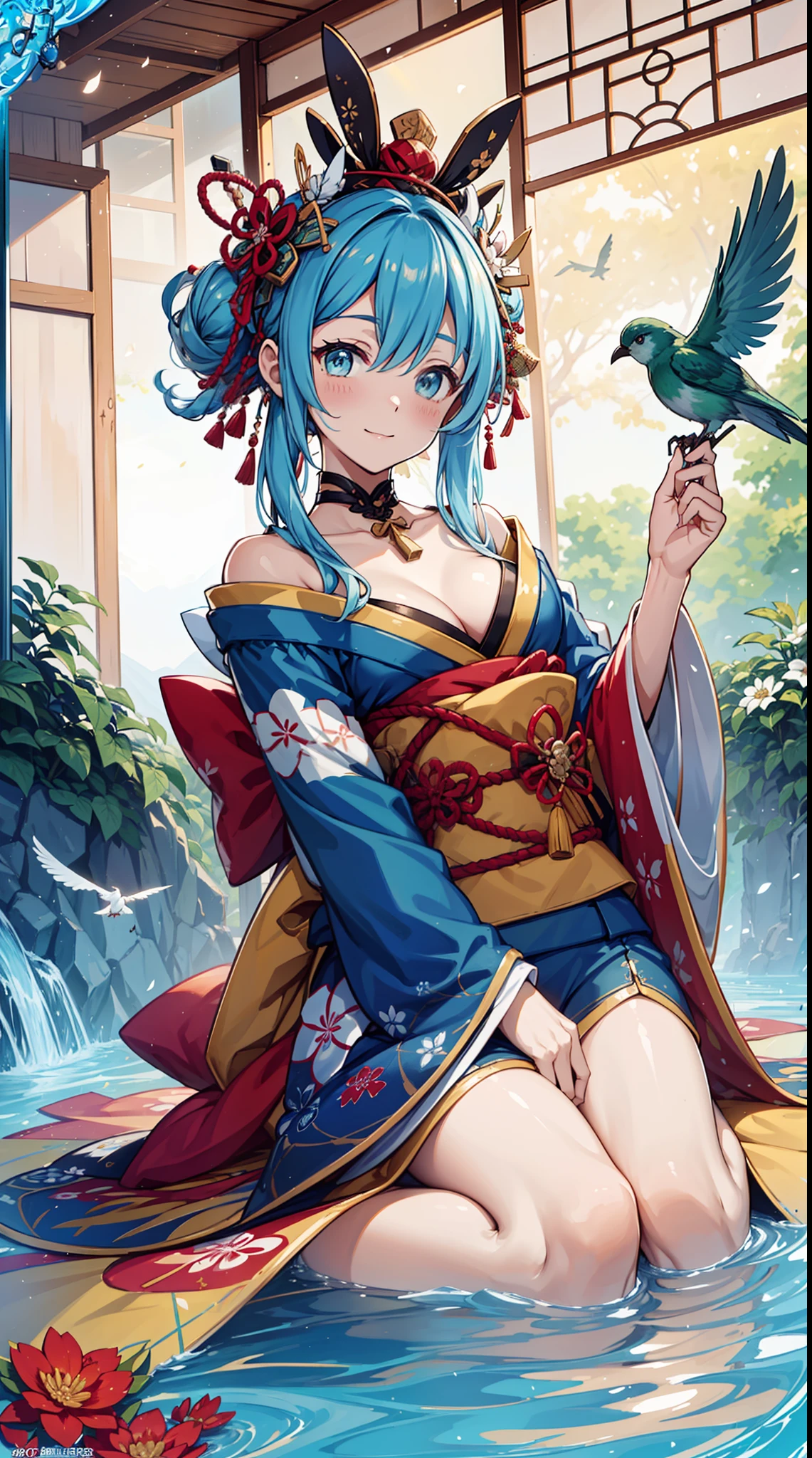 cat furry girl, blue long hair,yellow kimono with flora embroidery,open kimono,off shoulder,naked,sakura background,looking at viewer,glasses,drool,open mouth,heavy breath,sakura petal in the air,lie on ground,high angle,boy reaching hand out to squeeze girl breast,pussy juice,selfie,high angle
