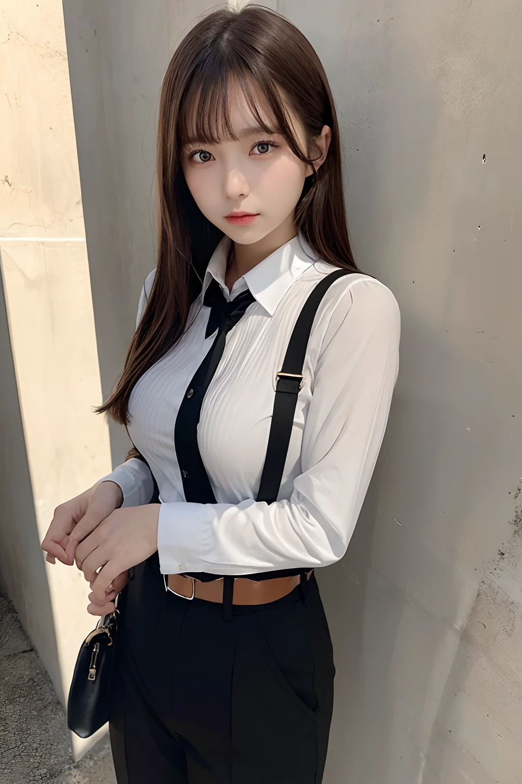 masterpiece、flat-colors、depth of fields、lens flare 1 girl、、Brown hair、watching at viewers a belt black suspenders Social OL Too large breasts Armpit sweat perspiring Side of both hands walls: Black Suit Black pants, Black jacket