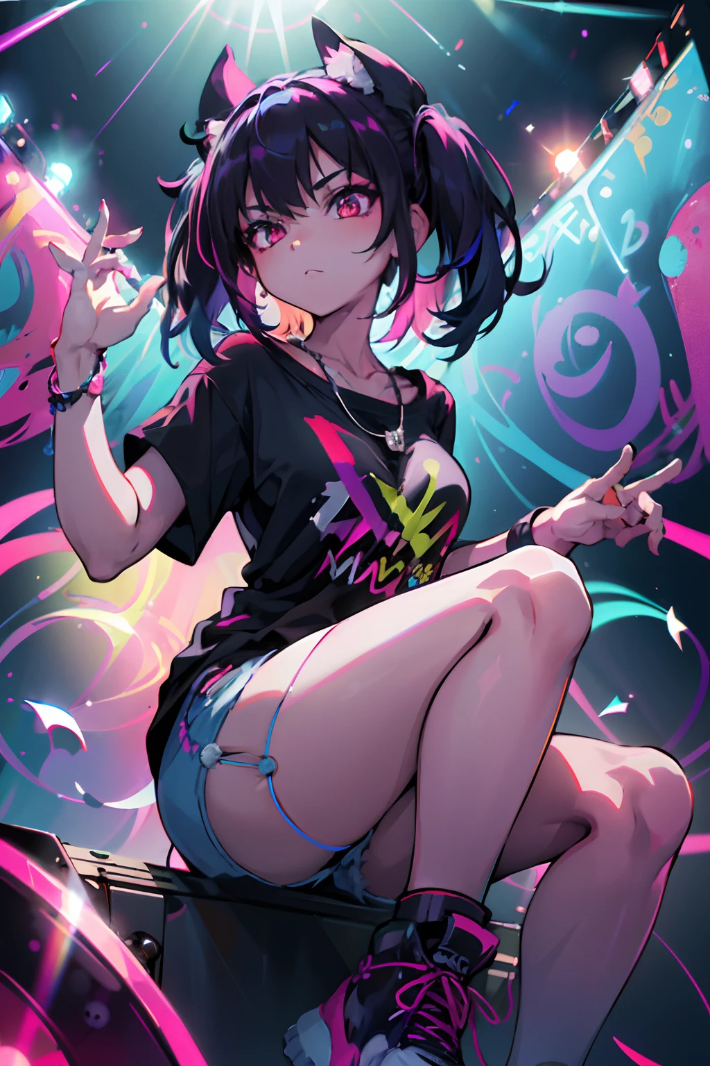 absurderes, hight resolution, ultra-detailliert, (1 girl:1.3)
1 colorful girl, (Oversized T-shirt:1.2), Vibrant Patterns, Layer Look, Ripped jeans, Platform sneakers, Chunky necklace, Bold makeup
break
Backlight, (Lens Flare:1.3), Neon light, graffiti wall, streetart, psychedelic colors, surreal atmosphere, edgy style, ultra-detailliert, Best Quality,
Tell us about the artists you work with..., Uncover their creative process, Focus, and a passion for technology.