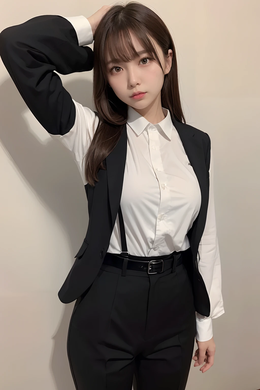 ​masterpiece、flat-colors、depth of fields、lens flare 1 girl、、Brown hair、watching at viewers　　　　a belt　black suspenders　Social OL　　　Too large breasts　　　 　 Armpit sweat　perspiring　Side of both hands　　walls: Black Suit　Black pants, Black jacket