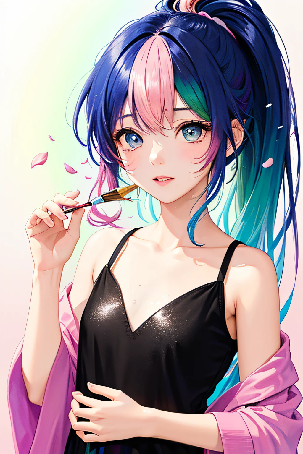 (Pink fashion T-shirt:1.9)、(colourful hair:1.8)、(all the colours of the rainbow:1.8)、((((Vertical Painting:1.6)))、(painterly:1.6)、frontage、comic strip、illustratio、painterly、big eye、Sheer eyes、(Iridescent gradient high ponytail:1.7)、Exquisite makeup、Mouth closed、(Small fresh:1.5)、(Wipe Chest:1.6)、long eyeslashes、White off-the-shoulder T-shirt、White shoulder shirt、looking at the spectator、large watery eyes、(rainbow-colored hair:1.6)、 color splashes, (独奏:1.8), color splashes, Color explosion, Thick paint style, Messy lines, ((SHINES)), (colourfull), (colourfull), colourfull, colourfull, Chic paint style, (Splash) (color splashes), Vertical Painting, The upper part of the body, paint splashes, Acrylic Pigment, gradients, paint, Top image quality, Top image quality, ​masterpiece, 独奏, depth of fields, facepaint, colourful clothes, (elegent: 1.2), Gorgeous,length hair, the wind, (elegent: 1.3), (flower petals:1.4)、(((​masterpiece)))、(((top-quality)))、((ultra-detailliert))、(illustratio)、(dynamic ungle)、((Planktonic))、(paint)、((dishevled hair))、(独奏)、(1girl in)、((Detailed anima face)))、((beautifull detailed face))、collars、bare shoulders​、white  hair、((colourful hair))、(((striated hair))、beatiful detailed eyes、(Gradient color eyes)、(((Colorful eyes))))、(colorful backdrop))))、((((a high chroma))))、(((Surrounded by colorful splashes)))、twintail hairstyle,