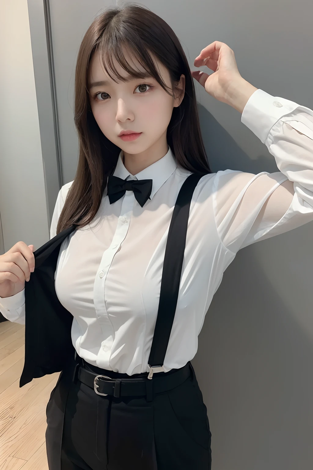 masterpiece、flat-colors、depth of fields、lens flare 1 girl、、Brown hair、watching at viewers a belt black suspenders Social OL Too large breasts Armpit sweat perspiring Side of both hands walls: Black Suit Black pants, Black jacket