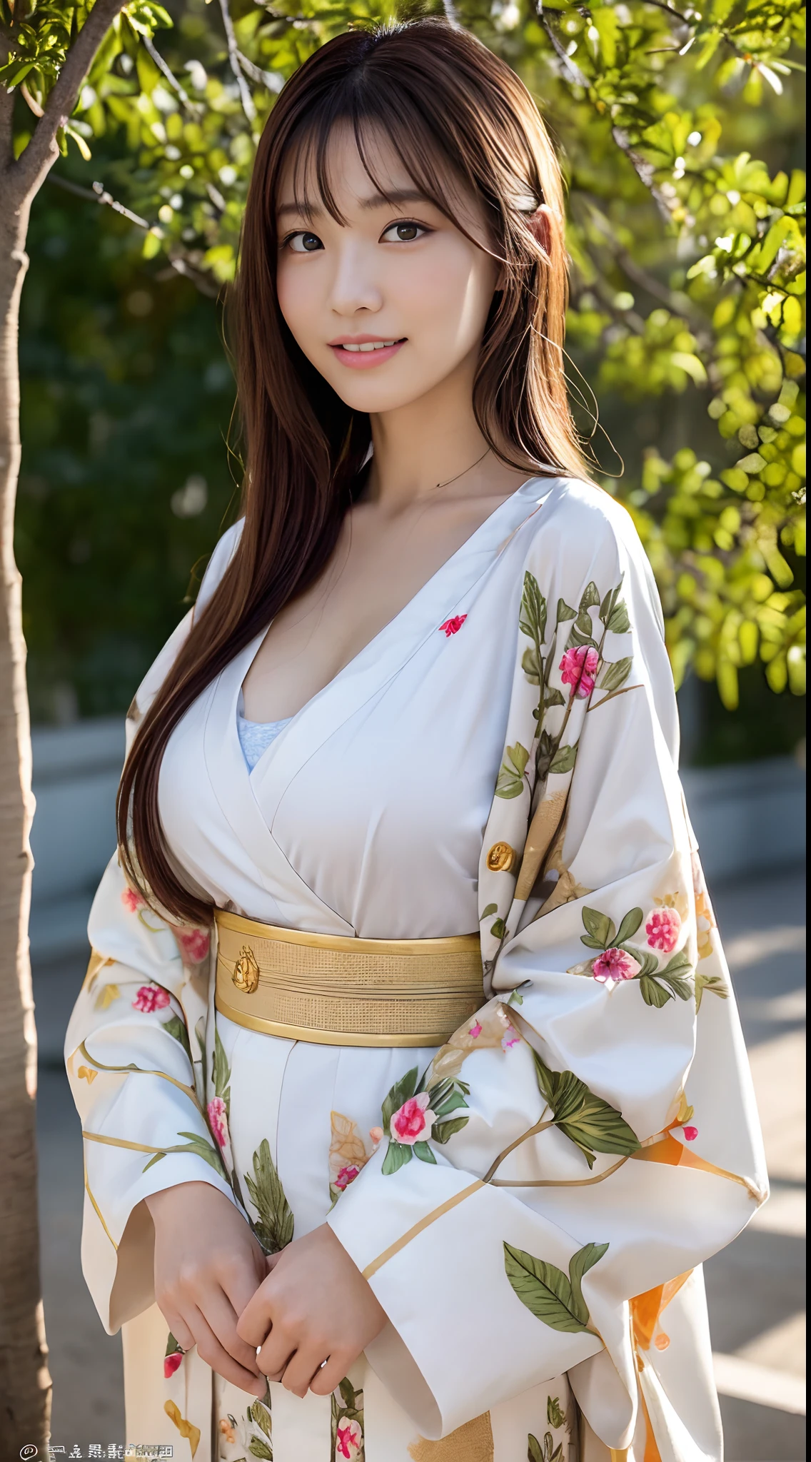 ((Best Quality, 8K, masutepiece :1.3)), Sharp Focus :1.2, A pretty woman with perfect figure :1.4, Slender Abs :1.2, ((dark brown hair, huge-breasted :1.4)), (wearing white button up shirt, Jean :1.1), City Street:1.2, Highly detailed face and skin texture, Detailed eyes, 二重まぶた,a close up of a woman in a kimono dress posing for a picture, goddess of Japan, Japanese Models, oppai, in a kimono, Japanese, 奈良美智, Asian Girl, A Japanese Lady, traditional japanese, Beautiful Asian Girl, shikamimi, russian and japanese mix, Seductive Anime Girl, sakimichan、New Year、New Year、Dry branches、Golden Screen、talisman、smil