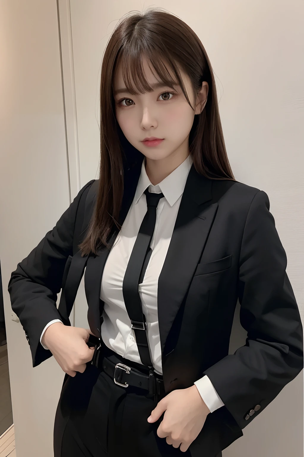 masterpiece、flat-colors、depth of fields、lens flare 1 girl、、Brown hair、watching at viewers a belt black suspenders Social OL Too large breasts Armpit sweat perspiring Side of both hands walls: Black Suit Black pants, Black jacket