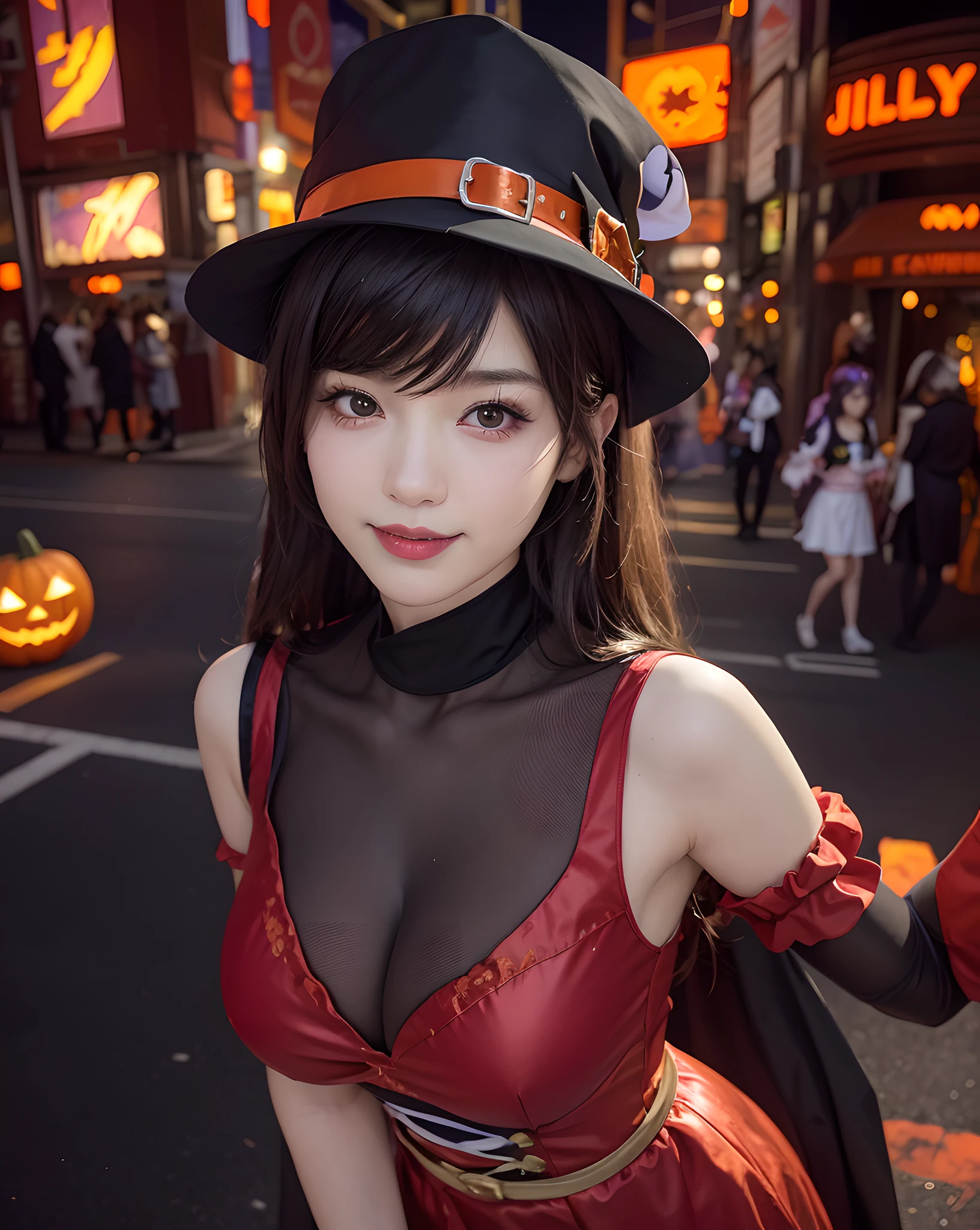 araffe dressed in a costume with a pumpkin and a hat, anime girl cosplay, in a halloween style, cosplay, cosplay photo, anime cosplay, japanese goddess, halloween celebration, trick or treat, ornate cosplay, halloween atmosphere, halloween night, loli, pretty sorceress, ayaka cosplay, cosplayer, chinese girl, full-cosplay, professional cosplay