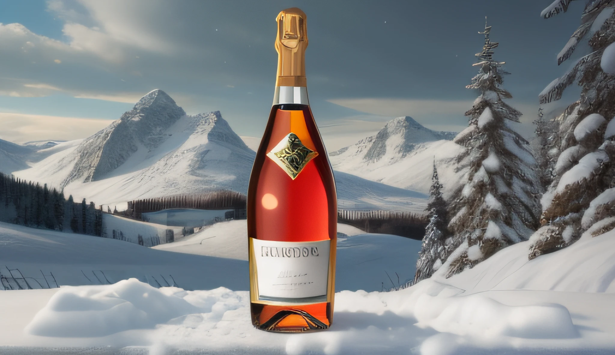Close-up of a bottle of snowy wine, inspired by Johannes Martini, Inspired by Clement Selvo, Champagne advertising, inspired by Josef Sima, inspired by Eugène Brands, 40k, 4 0 k, Inspired by Carlo Martini, hyper realisitc, inspired by François Joseph Heim, by Clément Serveau