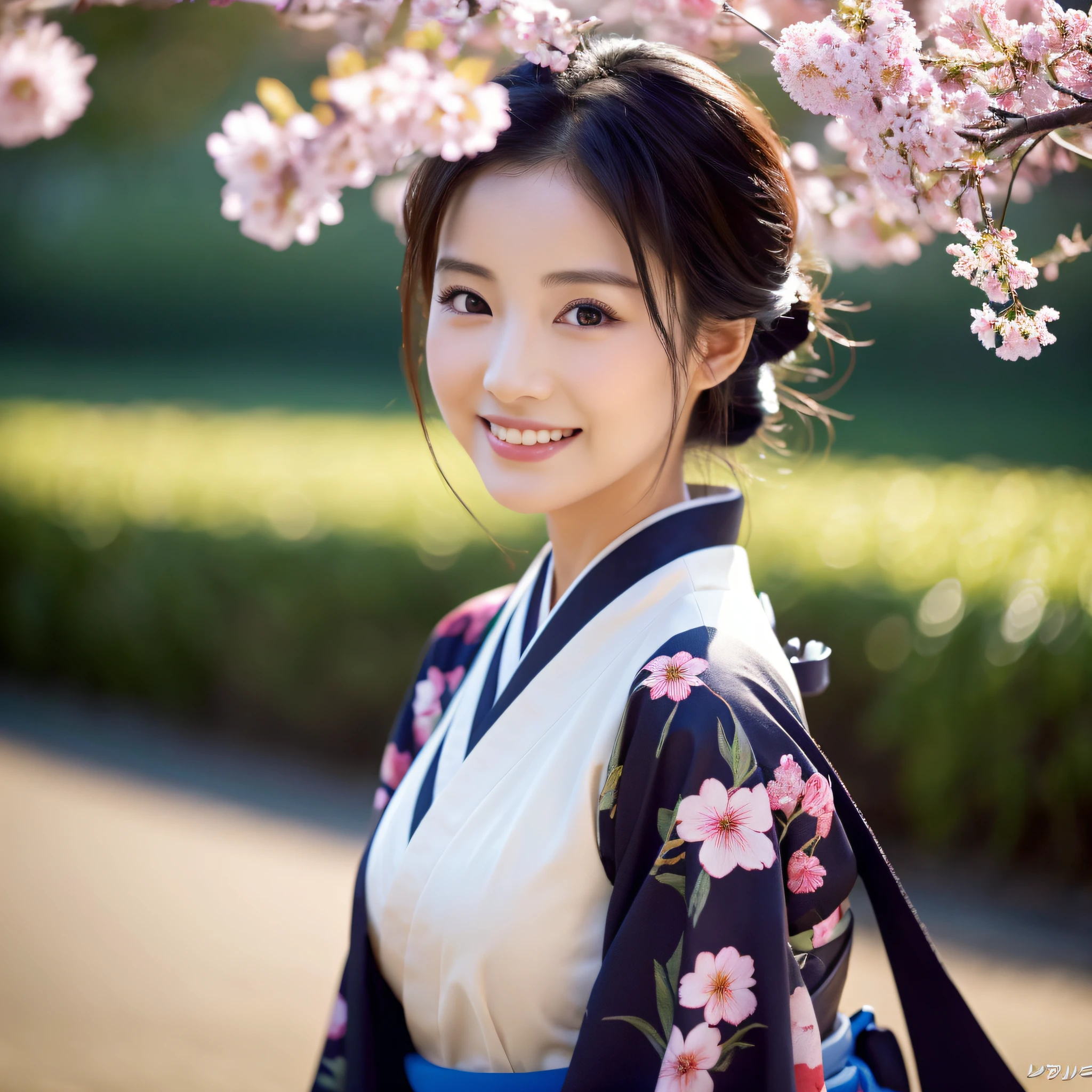(Super beautiful woman in kimono)、((best qualtiy、8k masterpieces:1.3))、foco nítido:1.2、(ultra beautiful faces:1.0)、(shinny skin:1.0)、photos realistic、A dark-haired、Video Lighting、High-definition eyes and face、Video Lighting、Japanese actressl、from the front side、medium breasts、With a happy smile、Slender Abs Beauty、Whole body、wearing kimonos、Spring romance
