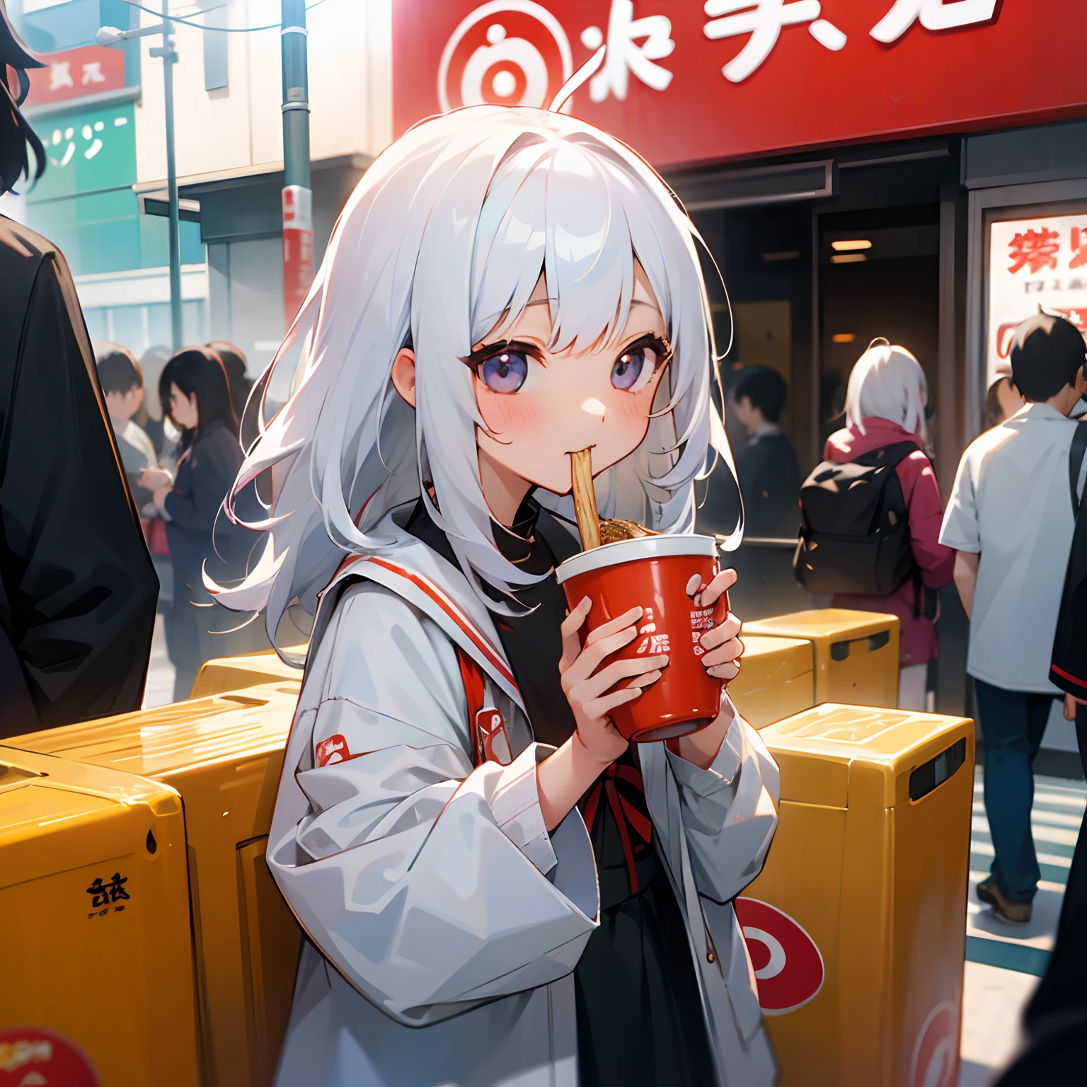 Girl Eating Cup Ramen、takeout、Children around this age、High school students、Plain clothe、Shibuya、white  hair