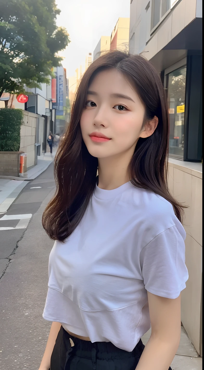 Top quality, 1 beautiful Japanese woman, long brown hair, casual clothes, smiling, selfie, natural light, at park