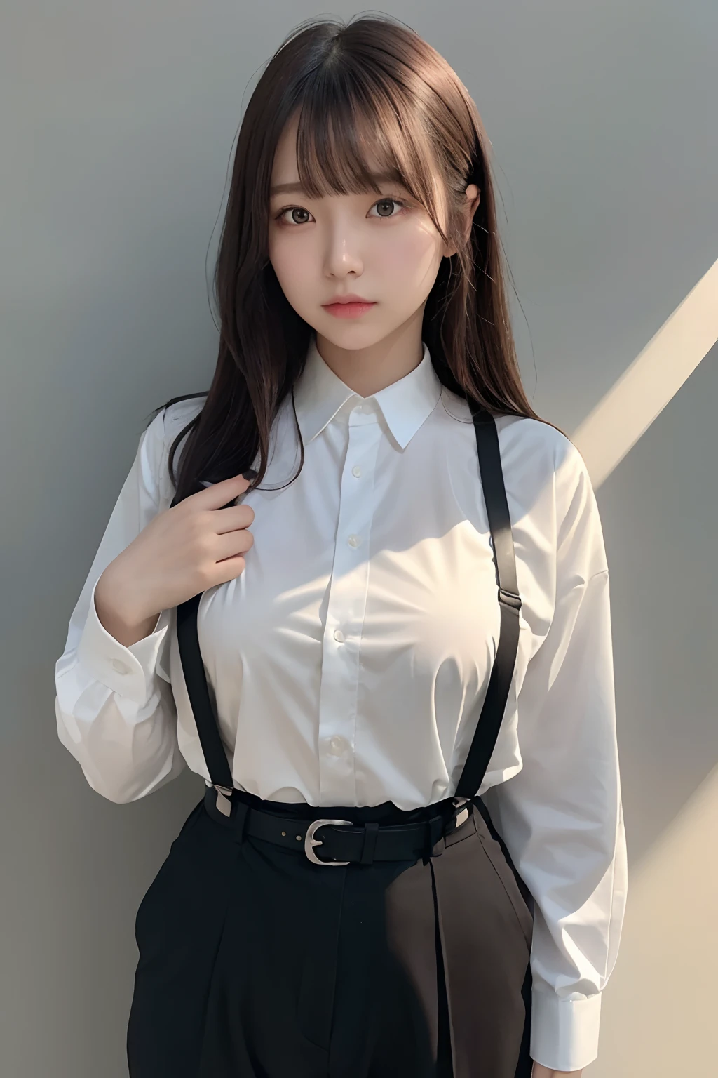 masterpiece、flat-colors、depth of fields、lens flare 1 girl、、Brown hair、watching at viewers a belt black suspenders Social OL Too large breasts Armpit sweat perspiring Side of both hands walls: Black Suit Black pants, Black jacket