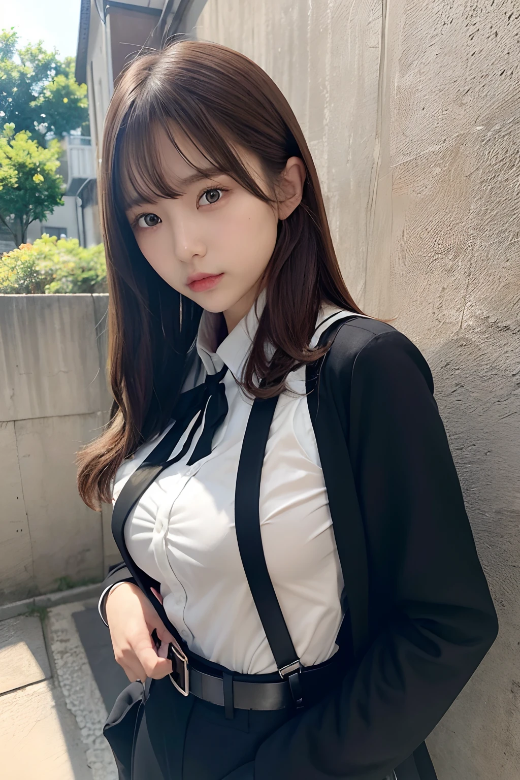 masterpiece、flat-colors、depth of fields、lens flare 1 girl、、Brown hair、watching at viewers a belt black suspenders Social OL Too large breasts Armpit sweat perspiring Side of both hands walls: Black Suit Black pants, Black jacket