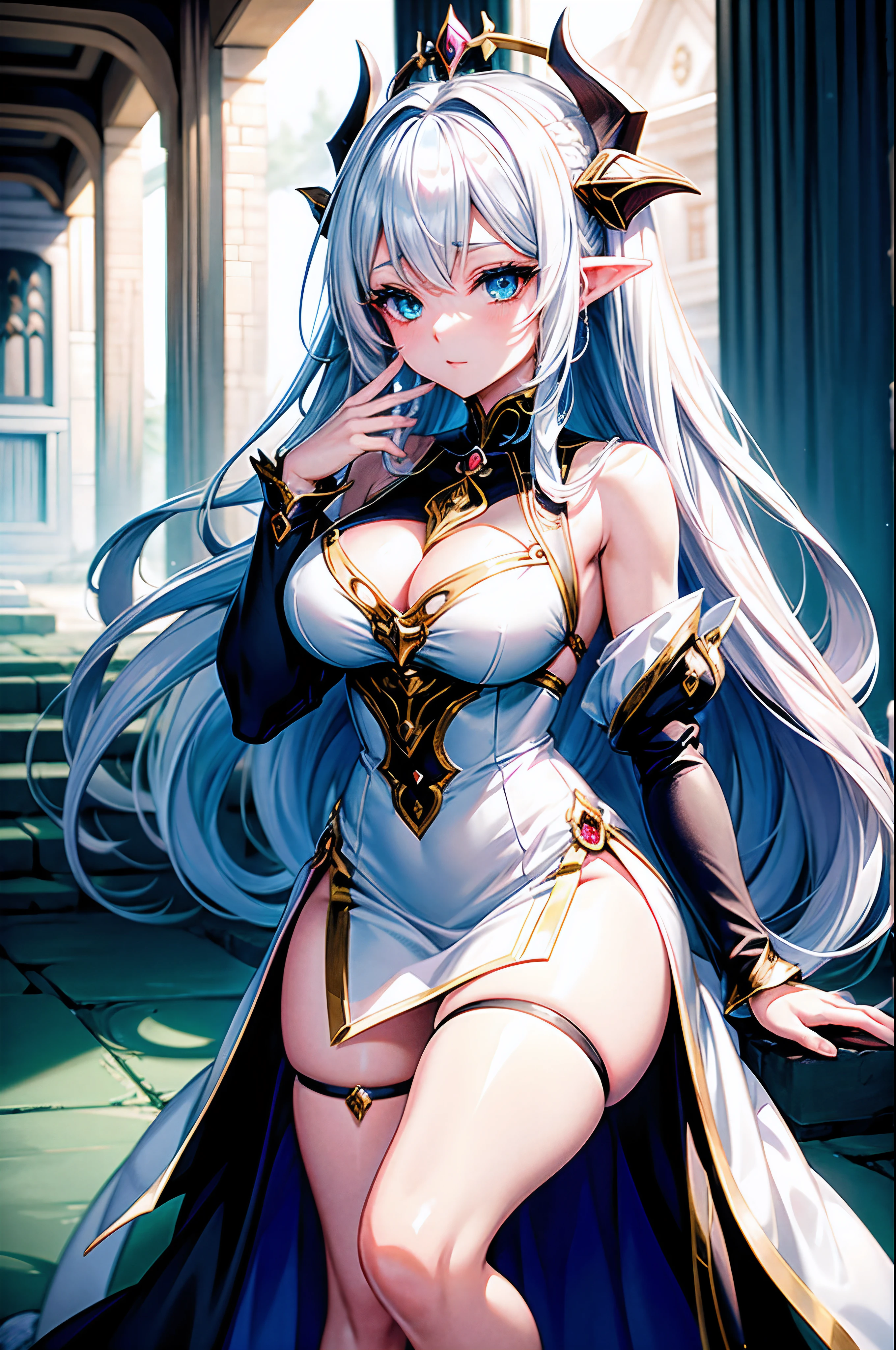 , anime goddess, 1 Alluring anime girl, anime monster girl, God of white hair, short tight dress, Dwarf queen, beautiful alluring anime woman, Beautiful elegant dwarf queen, Dragon Girl, gothic maiden anime girl,| Medieval green eyes