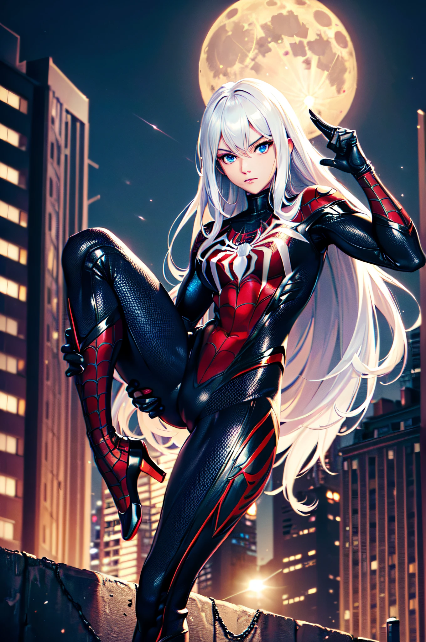 a beautiful detailed black spiderman cosplay girl, 1 girl, extremely detailed face and eyes, long hair, big breasts, white skin, red spider symbol in costume, 8k, best quality, high resolution, masterpiece, realistic, photo-realistic, studio lighting, vivid colors, hyper detailed