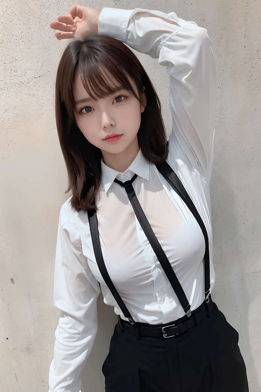 ​masterpiece、flat-colors、depth of fields、lens flare 1 girl、、Brown hair、watching at viewers　　　　a belt　black suspenders　Social OL　　　Too large breasts　　　 　 Armpit sweat　perspiring　Side of both hands　　walls: Black Suit　Black pants, Black jacket