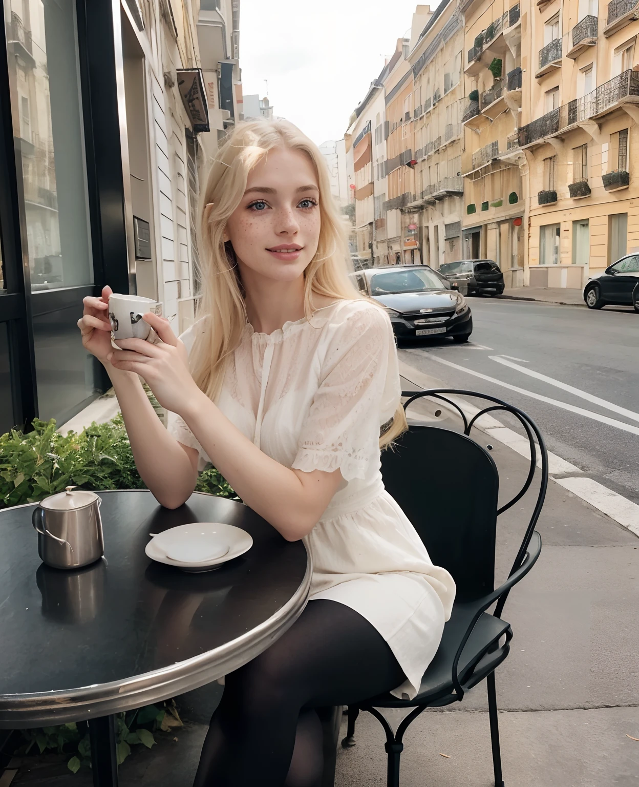 mulher, americana, 25 anos, pale skin and freckles, olhos cinzas, nariz delicado, soft and delicate lips, Cabelo blondie cinza longo e ondulados, sorriso meigo