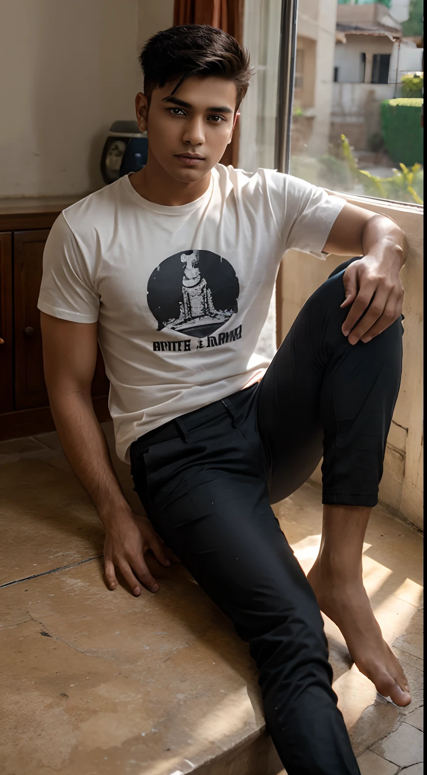 A young handsome guy with short spiky hair Show full body wearing tshirt full pant in indian house alone siting in thorne