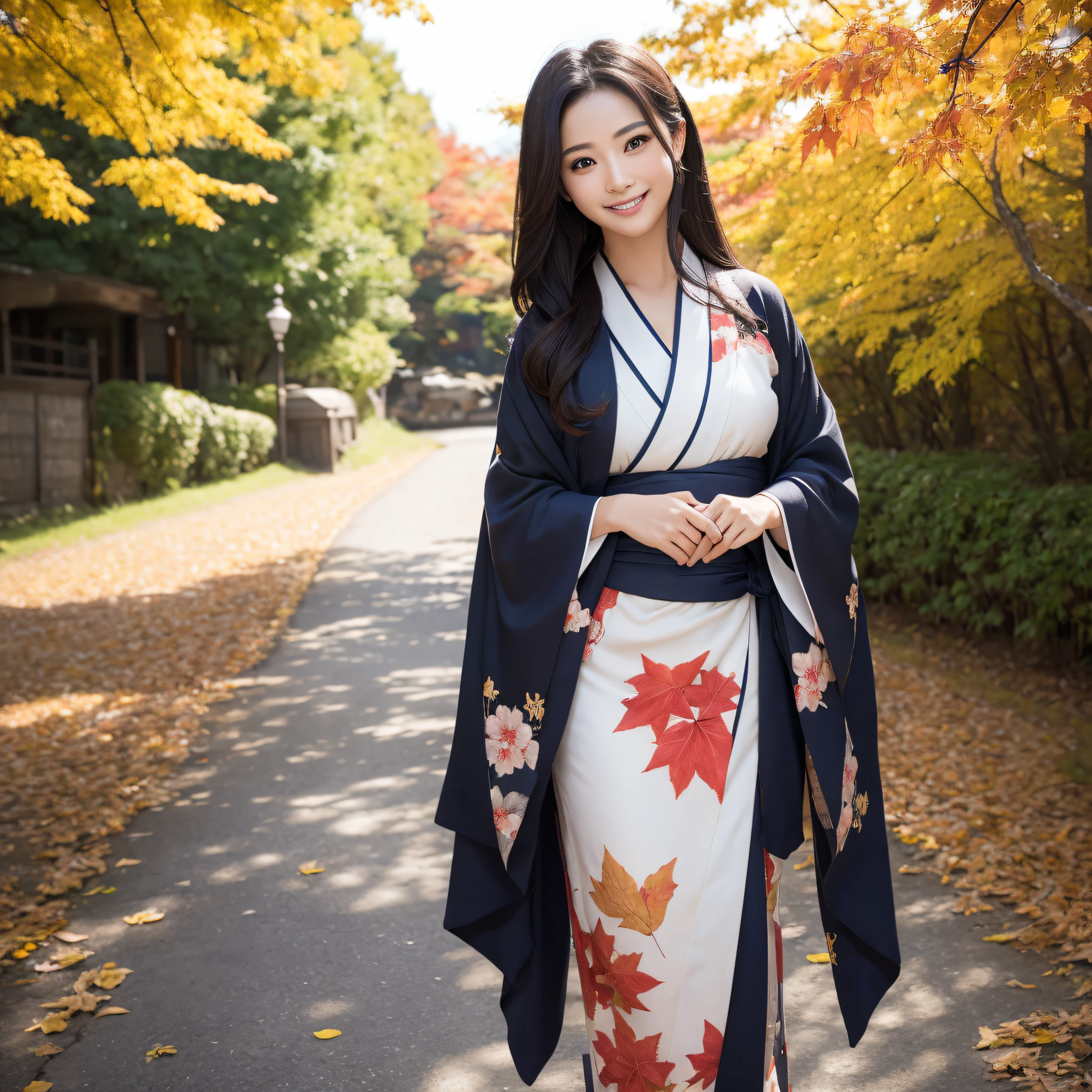 (Super beautiful woman in kimono)、((best qualtiy、8k masterpieces:1.3))、foco nítido:1.2、(ultra beautiful faces:1.0)、(shinny skin:1.0)、photos realistic、A dark-haired、Video Lighting、High-definition eyes and face、Video Lighting、Japanese actressl、from the front side、medium breasts、With a happy smile、wearing kimonos、Under the autumn leaves、