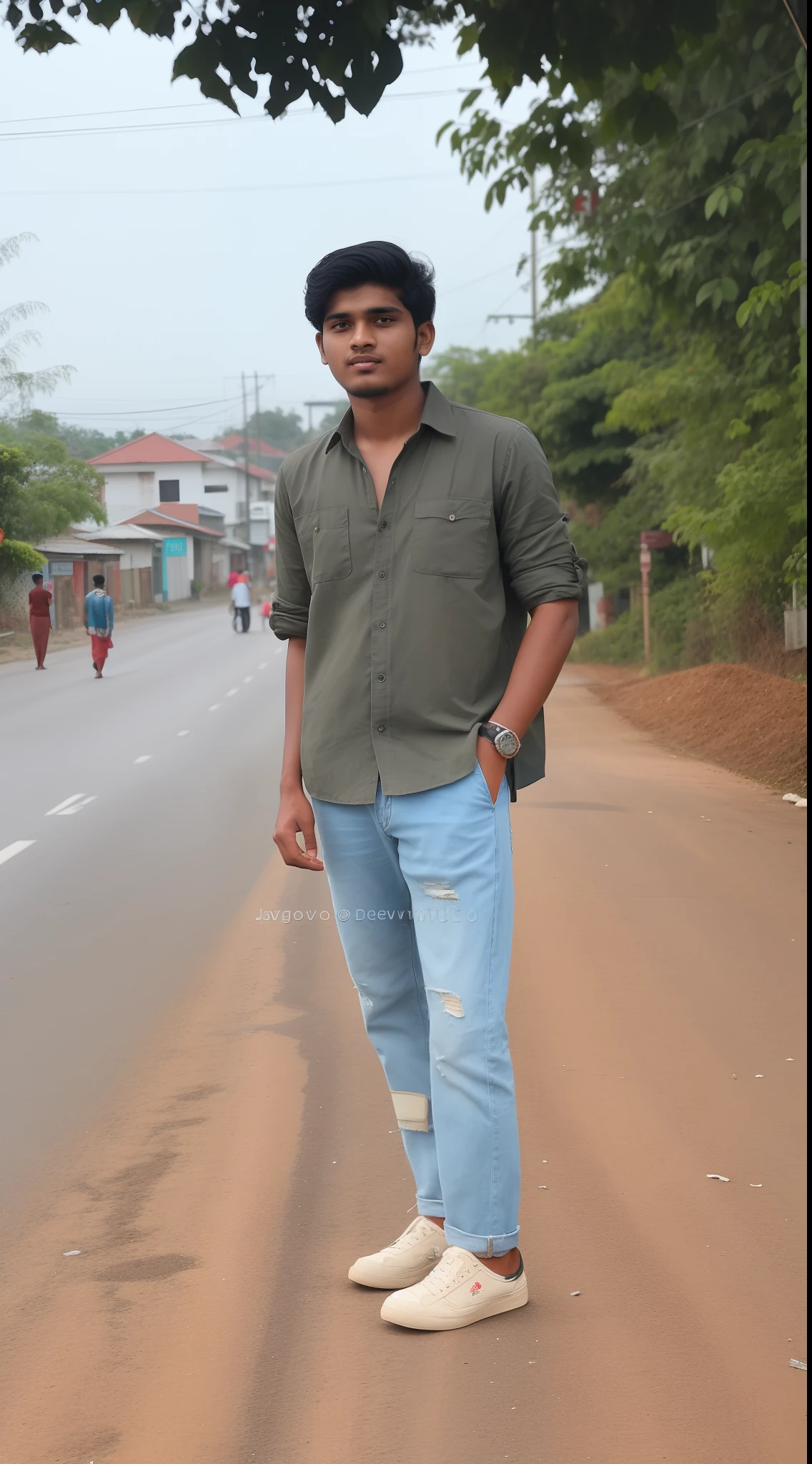 there is a man standing on the side of the road, standing in township street, standing in a township street, standing in road, with lovely look, standing in street, jayison devadas style, around 1 9 , assamese aesthetic, with a cool pose, full body picture, standing in the street, in city street, in a street