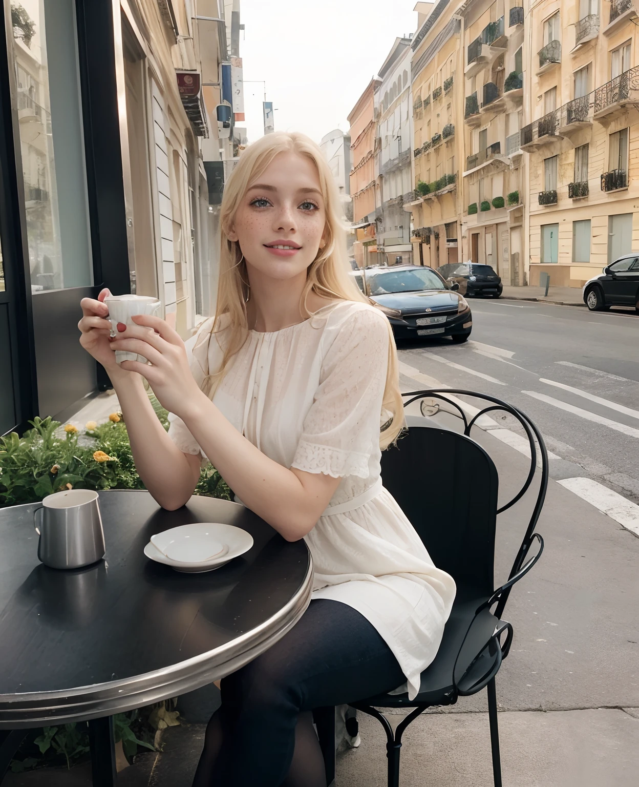 mulher, americana, 25 anos, pale skin and freckles, olhos cinzas, nariz delicado, soft and delicate lips, Cabelo blondie cinza longo e ondulados, sorriso meigo