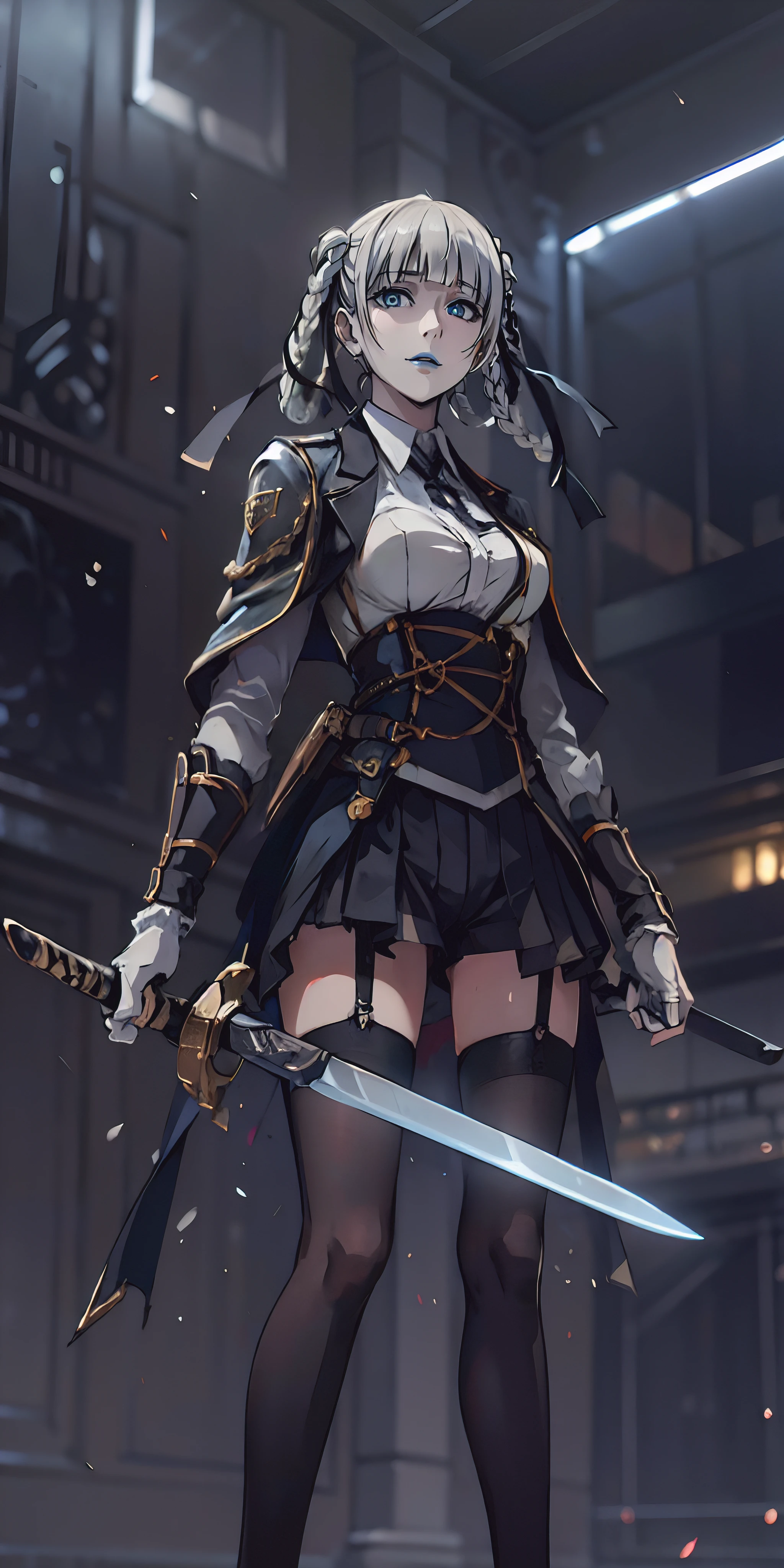 1girl, sword, holding, weapon, solo, gloves, holding_weapon, standing, ((holding_sword)), thighhighs, black_legwear, looking_at_viewer, outdoors, long_sleeves, breasts, wide_sleeves, garter_straps, dual_wielding, coat, medium_breasts, night, black_capelet, white_jacket, blurry_background, black_shirt, black_skirt, open_coat, short_shorts, shorts, "glow effects, godrays, Hand drawn, render, 8k, octane render, cinema 4d, blender, dark, atmospheric 4k ultra detailed, cinematic, Sharp focus, big depth of field, Masterpiece, colors, 3d octane render, 4k, concept art, trending on artstation, hyperrealistic, Vivid colors, extremely detailed CG unity 8k wallpaper, trending on CGSociety, Intricate, High Detail, dramatic", anime coloring, anime screencap, sweating, steaming body, fog