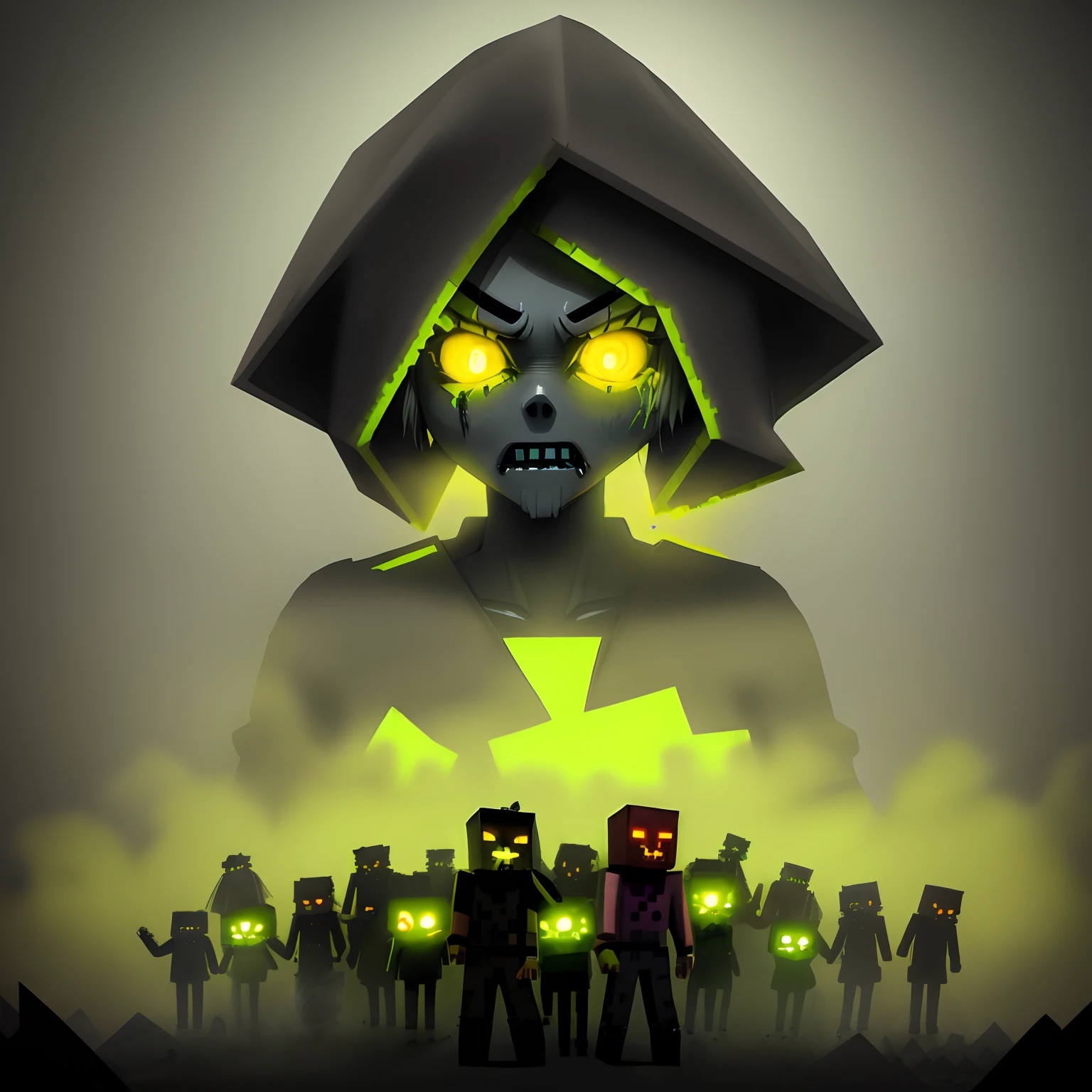 Minecraft Zombies with yellow glowing eyes in the distances with fog