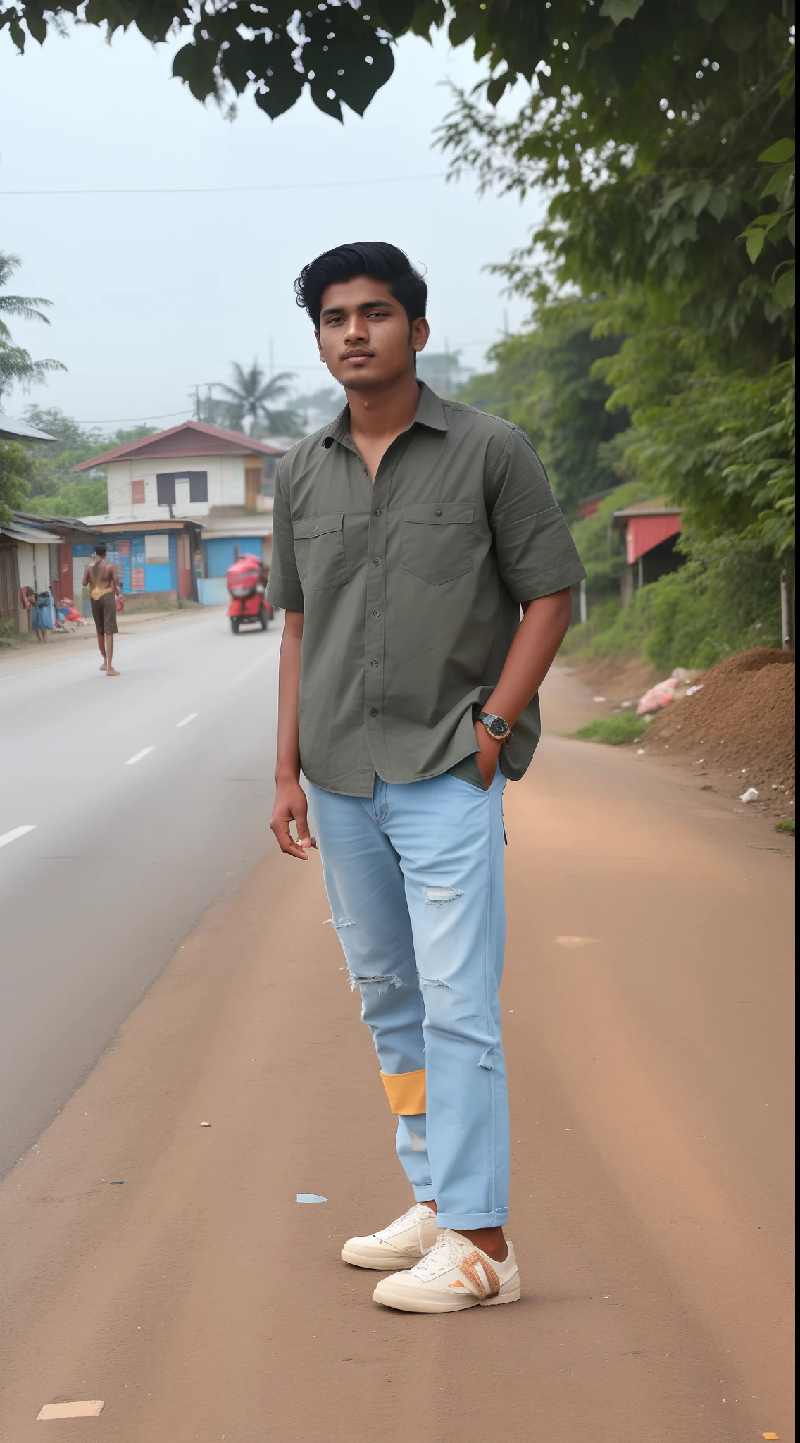 there is a man standing on the side of the road, standing in township street, standing in a township street, standing in road, with lovely look, standing in street, jayison devadas style, around 1 9 , assamese aesthetic, with a cool pose, full body picture, standing in the street, in city street, in a street