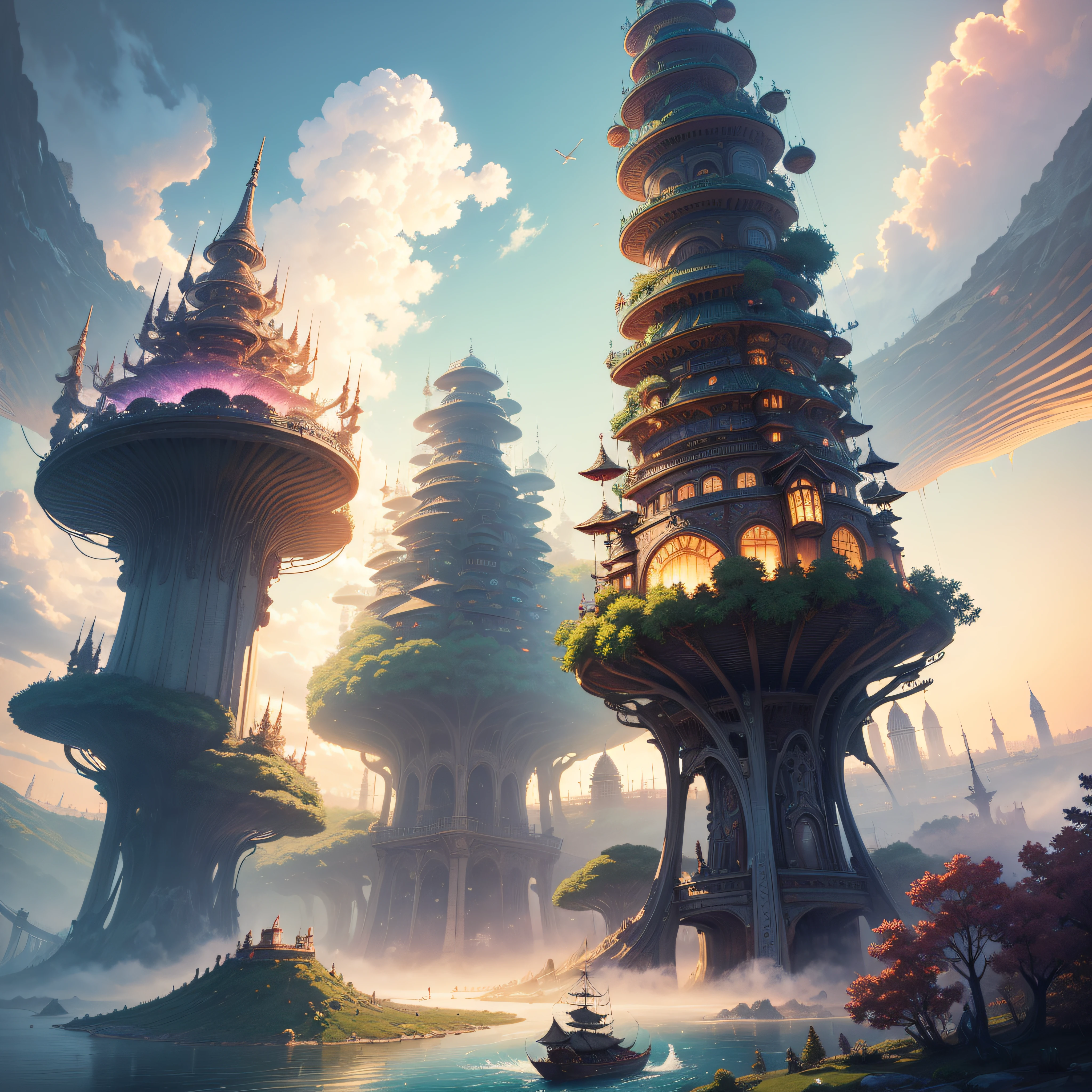 (masutepiece:1.2), high intricate detailed, ff14style, Dynamic Painting, Depict a bustling city with a majestic bridge over a wide river, Surrounded by towering giant mushrooms. The vast landscape is full of vivid colors --auto