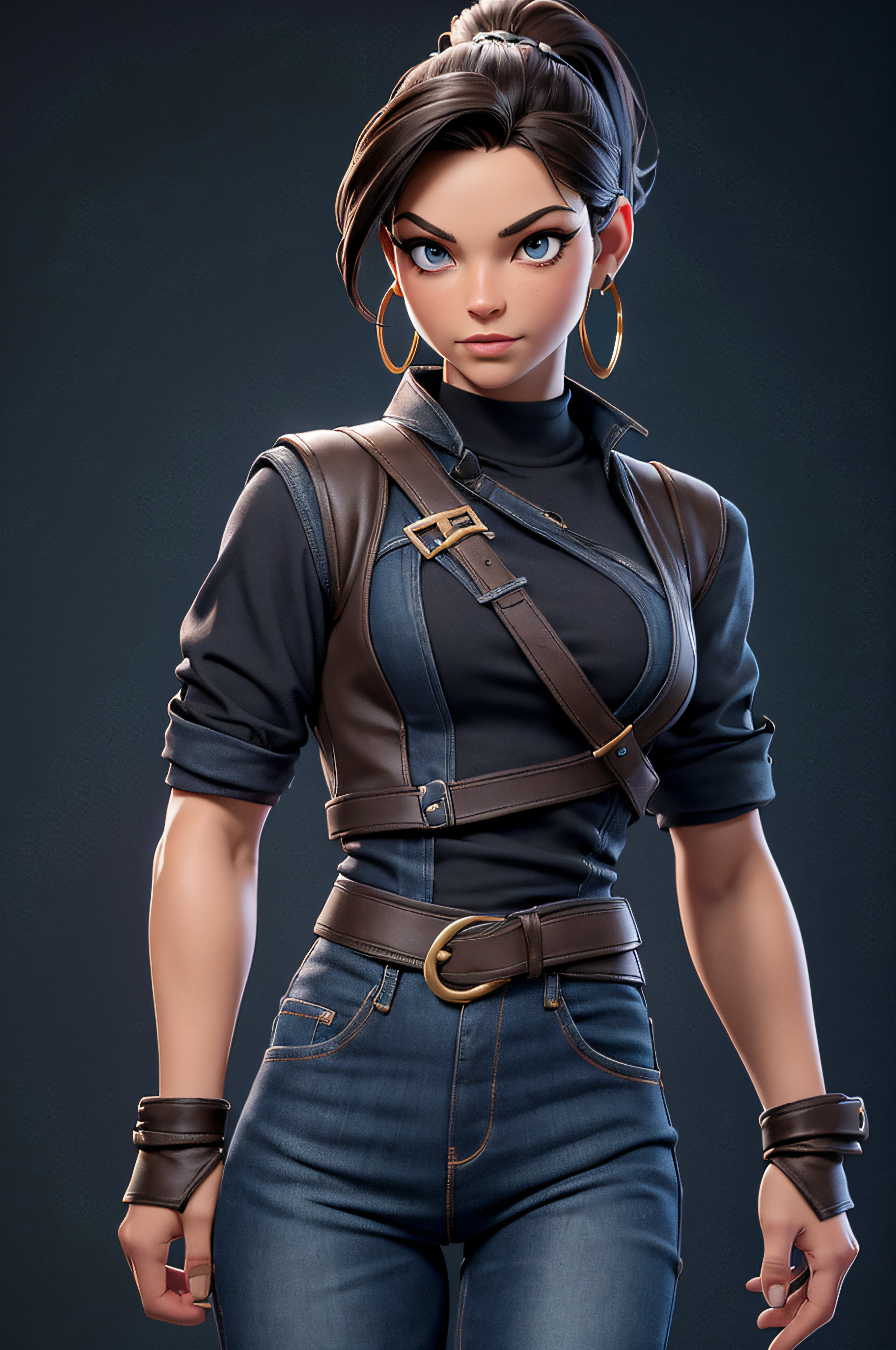 (master piece), (highly quality), Kristin Kreuk, android_18, (visage parfait), defined jawline, lovely lips, (cheveux longs bruns avec ponytail), (beaux yeux verts vif), (anatomie parfaite), athletic body, (sexy, brawny), (mains parfaites), (mains sur la taille), Small Simple Gold looped Earrings, (chemise noire sous gilet en jean bleu), , (pantalon noir), (regardant le spectateur), (photographie moyenne), fond de village de campagne, (tendance sur ArtStation, tendance sur CGSociety), (par Artgerm), (par Beln Ortega), (par Dan Mora), (par Terry Dodson), octane rendered, Unreal engine, style modelshoot, Realstic,