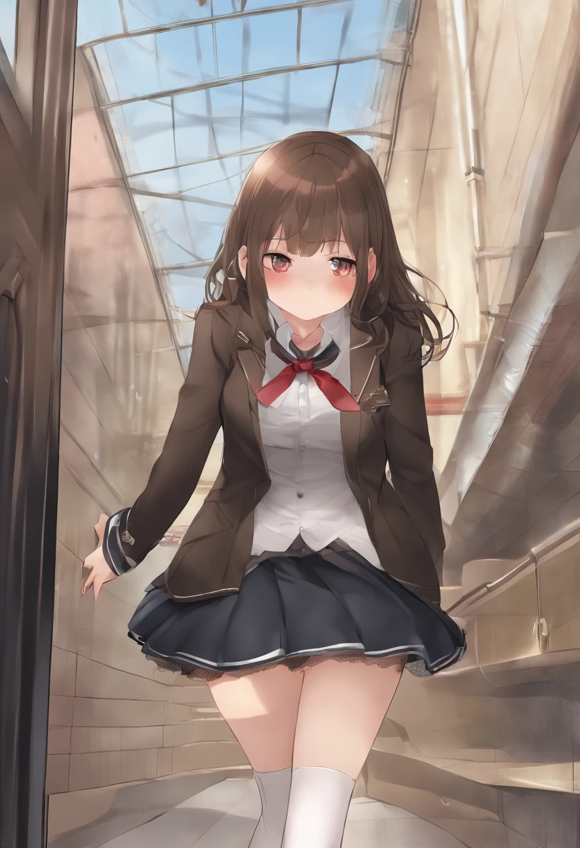 masturbation, peeing, humiliation, public, looking down, uwabaki, fishnet thighhighs, no legwear, no bra, seifuku, medium breasts, one breast out, crying with eyes open, endured_face, medium hair, trap, girl, comic, chinese