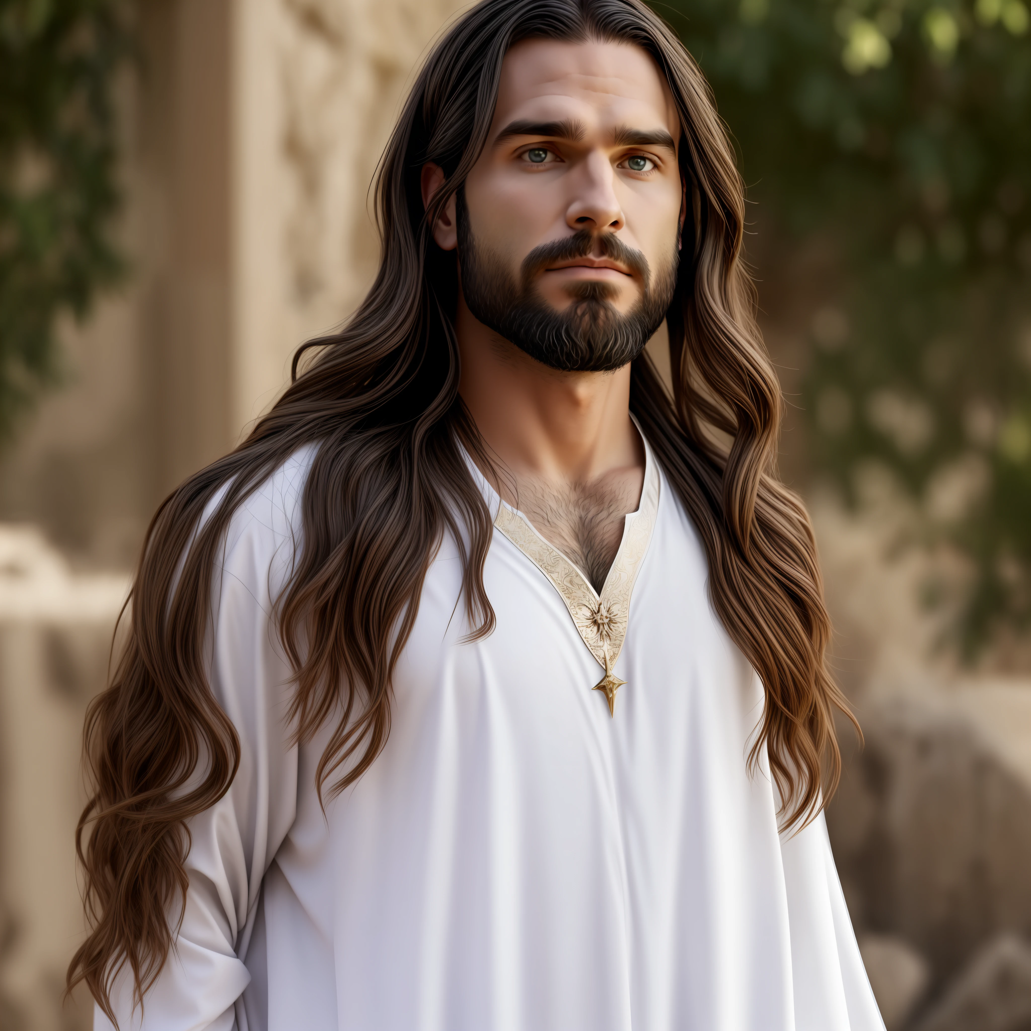Seth Rollins as Jesus Christ, long hair, similar to seth rollins, beautiful and beautiful Jesus, wearing white Hebrew tunic, Jesus style of the Bible, realistic image, Israel image background, best quality, 8k, focus on details.
