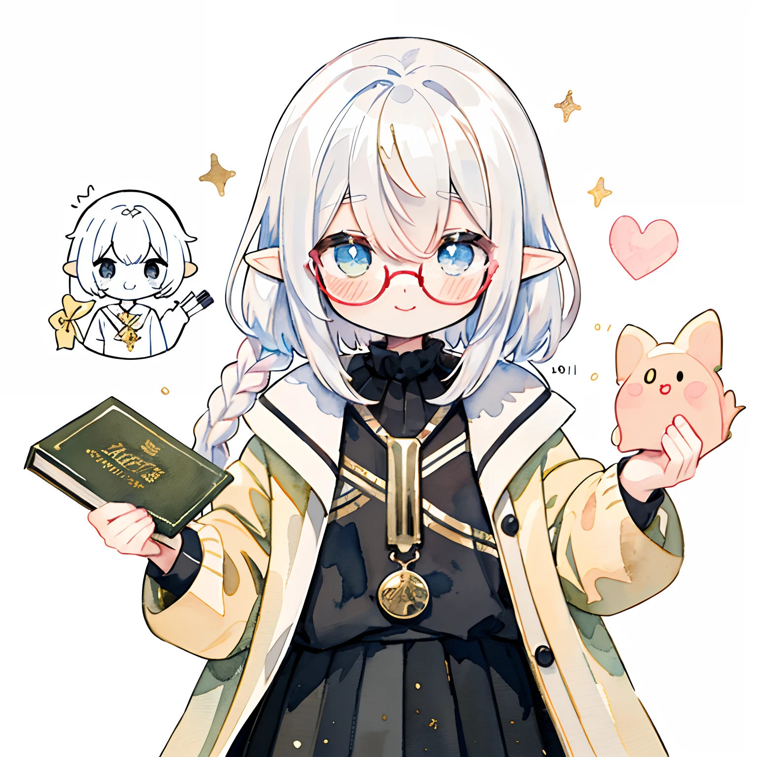 (PastelColors:1.5)、(Cute illustration:1.5)、(watercolor paiting:1.2)、(1 girl:1.0)、hair between eye、(Color: 1.5), (Cute illustration: 1.5), (watercolor paiting: 1.2), (1 girl: 1.0), (1 girl: 1.2), hair between eye, White background, (Color: 1.5), (Cute illustration: 1.5), (watercolor paiting: 1.2), (1 girl: 1.0), (1 girl: 1.2), hair between eye, White background, girl, Whole body espian, Scholar's clothing、 White scholar's coat、Black high neck、elf-ears、 Puffy skirt design, Designed for an academic atmosphere, Style, Double Layer White Dress Skirt, Sparkling Heart, Shake your hair, Calm、kawaii、White Boa Jumper, White hair, Putting hair together、(1 braid:1.3)、Like a VTuber、charicature、Round glasses with golden rims、(Gold Rim Glasses:1.5)、Having a book、a secretary、A slight smil、Fashionable