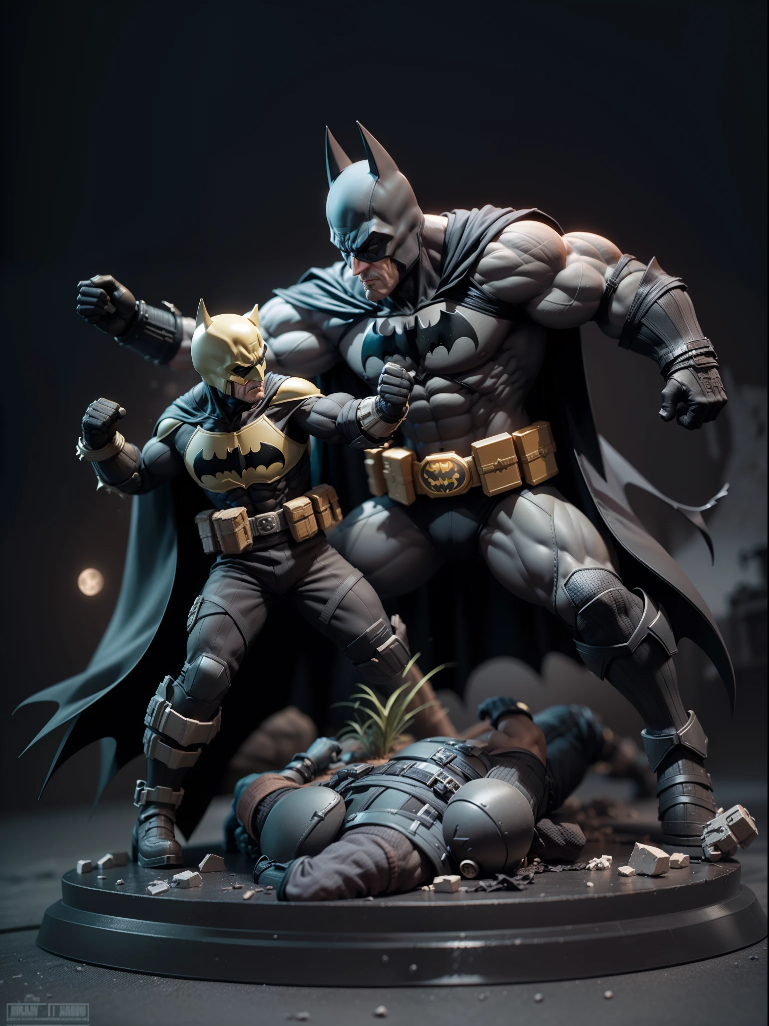 A batman and bane, intense fight scene,  3D model figure, toy , gray background, studio soft lights, 3d moon figure, 3D toys model, best quality, ultra detailed, masterpiece collection