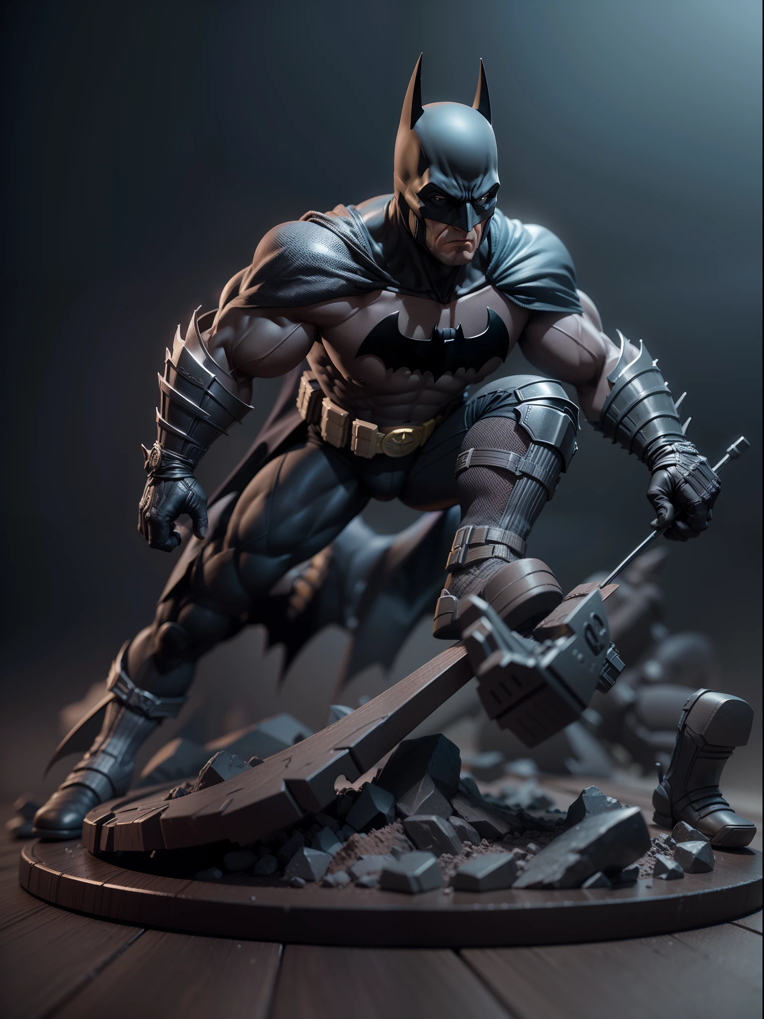 A batman, intense fight scene, 3D model figure, toy, gray background, studio soft lights, 3d moon figure, 3D toys model, best quality, ultra detailed, masterpiece collection, picture click by sony a7 iv camera, 16K UHD resolution, extremely detailed, blurred background