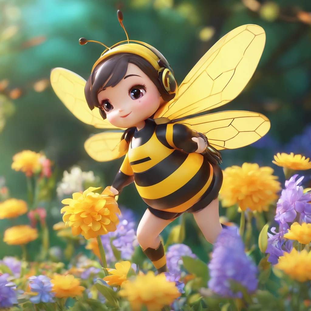 Super cute girl bee by Popmart、A character with a girl's face and a bee body、 Bright eyes, 　（Background of the flower garden), Glossy and delicate,clean back ground, Good luster, 3D rendering of a,Best Quality